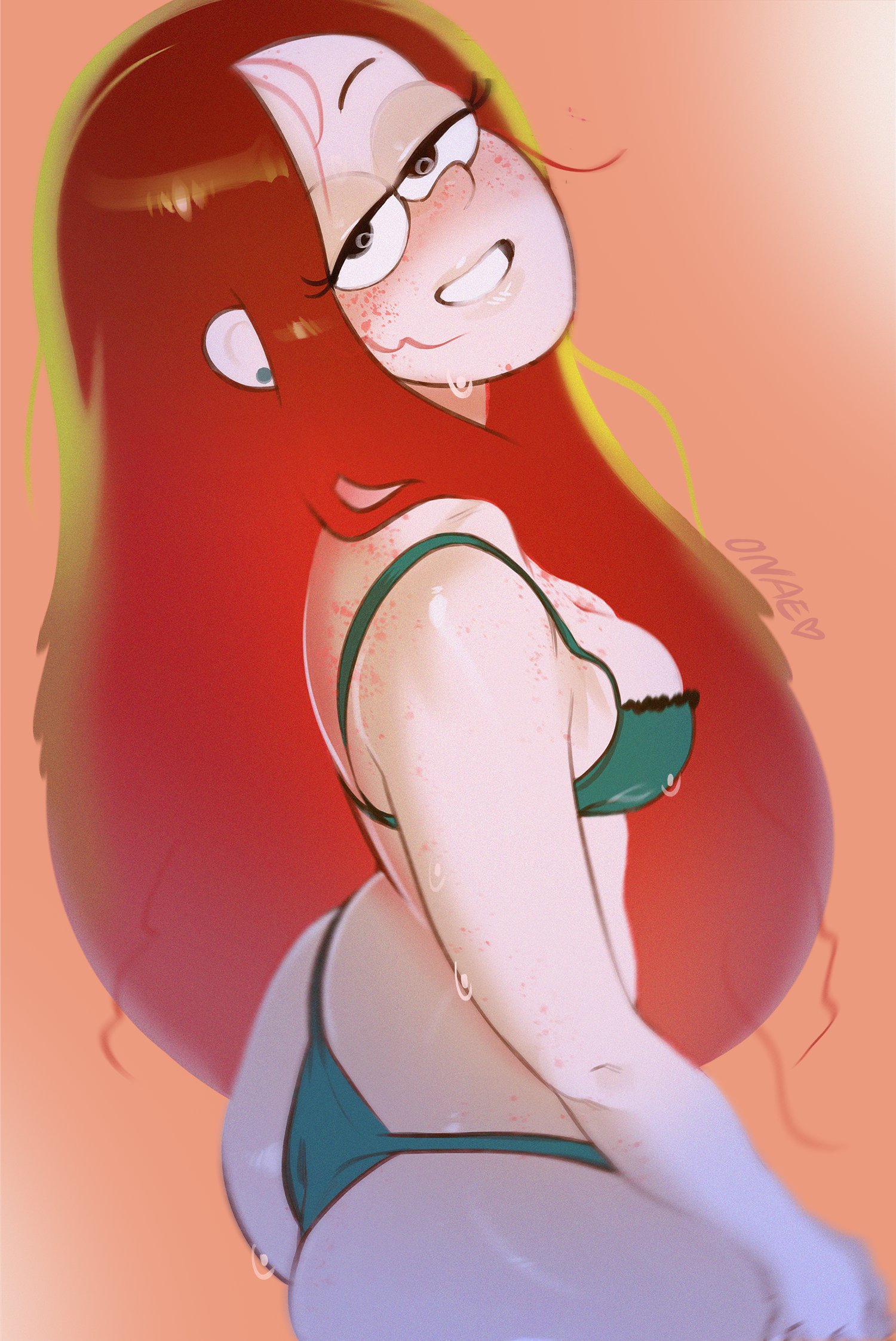 1girls, 2020, above view, ass, bikini, bottomwear, breasts, brown eyes, cleavage, cute, disney, disney channel, disney xd, earrings, farmgirl, female, female focus, female only, freckles, freckles on breasts, freckles on face, freckles on shoulders, ginger, gravity falls, human, long hair, looking at viewer, looking back, naughty face, onae, orange background, orange hair, pleasure face, red hair, slim, solo, straight hair, sweat, swimwear, teenager, thick thighs, thighs, thong, topwear, wendy corduroy, wet
