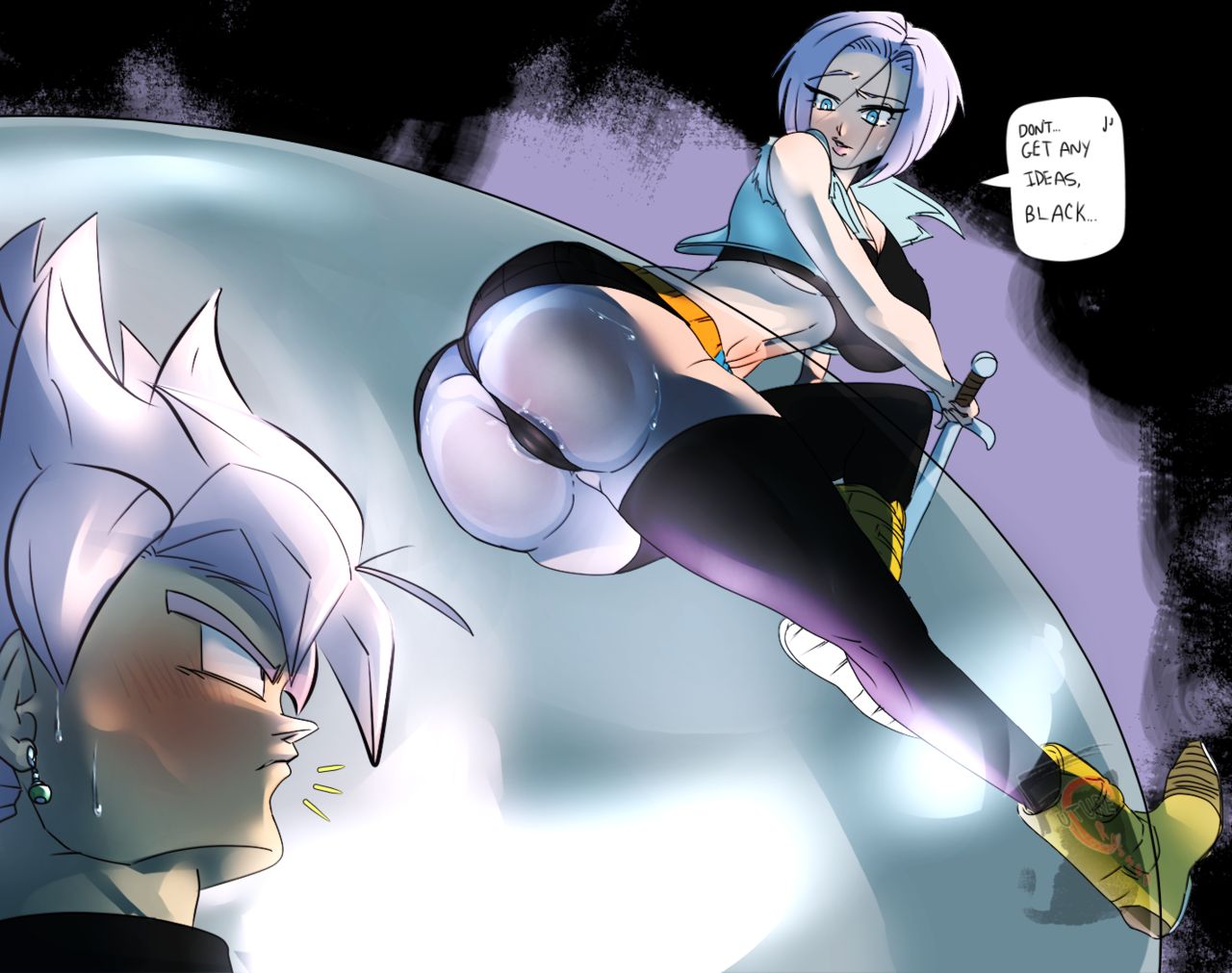 1boy 1girls against_glass ass ass_on_glass breasts clothed dragon_ball dragon_ball_super female female_trunks future_trunks futurecrossed genderswap genderswap_(mtf) goku_black pussy_juice pussy_on_glass rule_63 sitting super_saiyan super_saiyan_rose trunks_briefs