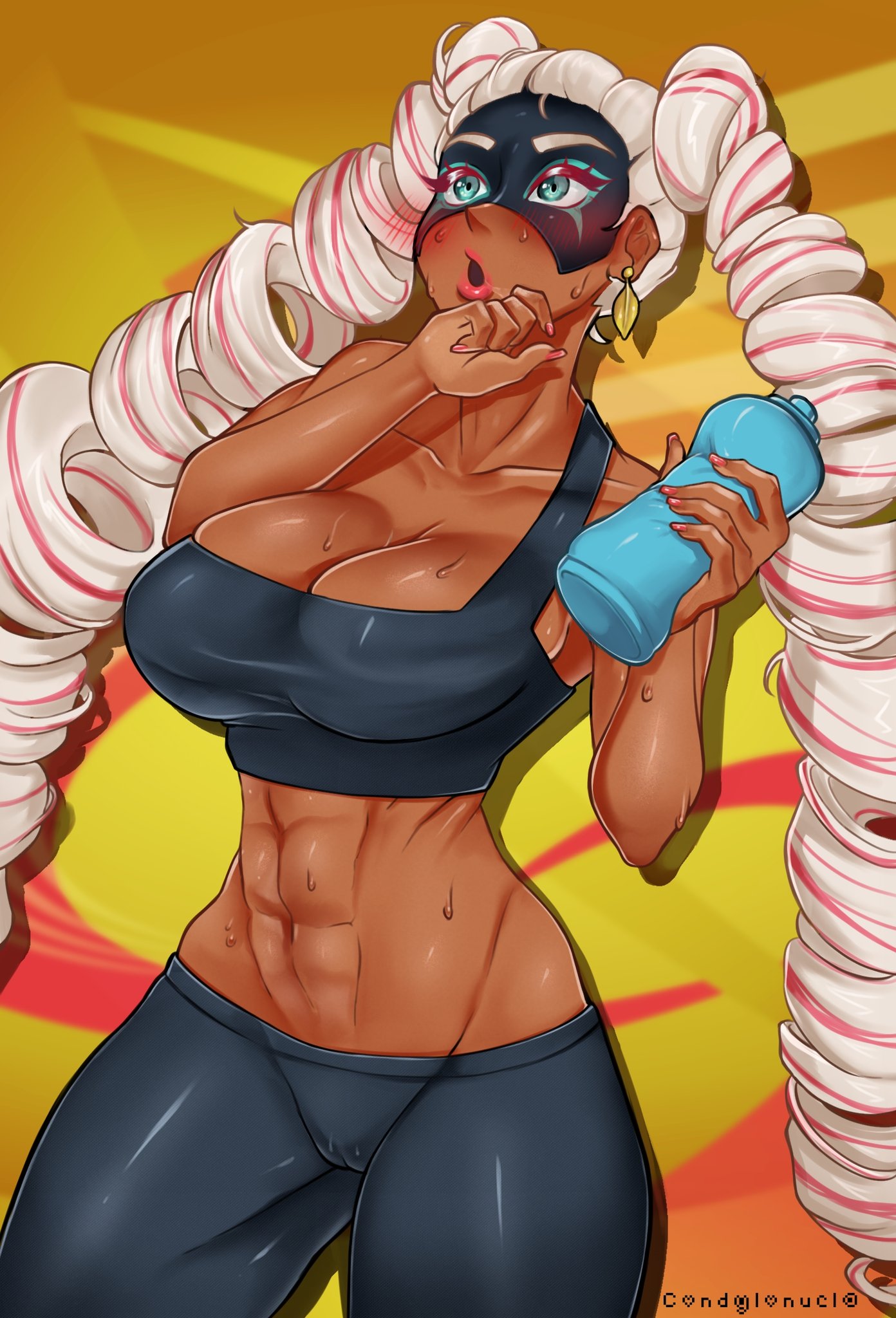 1girls, 2021, abs, arms (game), breasts, cameltoe, condylonucla, dark skin, dark-skinned female, earrings, female, female only, green eyes, large breasts, long hair, mask, muscles, muscular, muscular female, nintendo, open mouth, pink highlights, pussy, red lipstick, red nails, solo, sports bra, straight hair, sweat, thick thighs, twintelle, water, water bottle, white hair, wide hips, workout, workout clothes, yoga pants