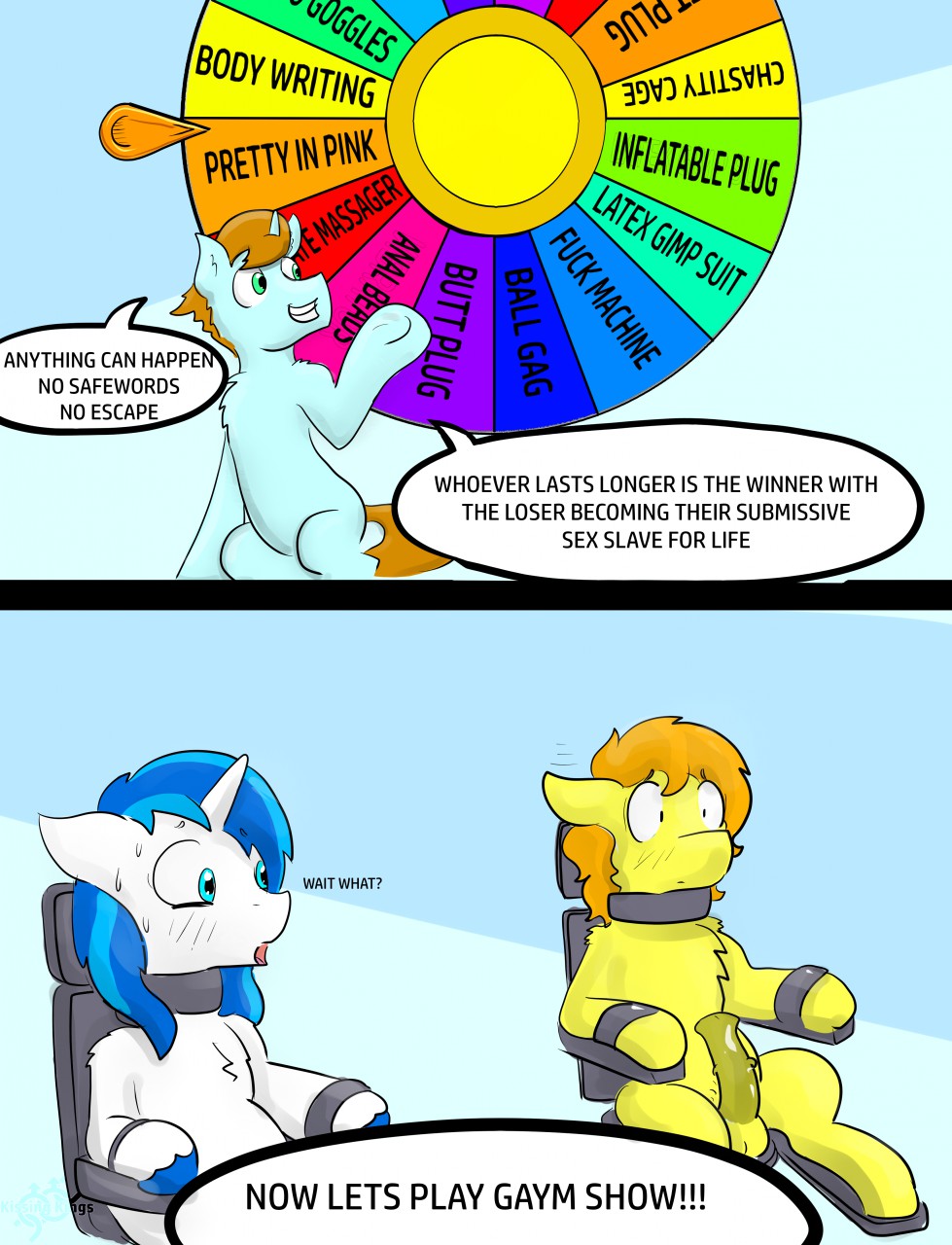 2018 ? anatomically_correct anatomically_correct_genitalia anatomically_correct_penis animal_genitalia animal_penis balls blue_background blue_eyes blue_hair blush bodily_fluids bondage bondage bound braeburn_(mlp) chair chair_bondage comic confusion dialogue equid equine equine_penis erection fan_character featureless_crotch feral friendship_is_magic fur furniture game_show genitals green_body green_eyes green_fur group hair hi_res horn horse killian_joy male male/male mammal mane medial_ring my_little_pony orange_hair penis pony questionable_consent semi-anthro shining_armor_(mlp) simple_background sitting_in_chair smile speech_bubble sweat text unicorn unicorn_horn wheel white_body white_fur yellow_body yellow_fur