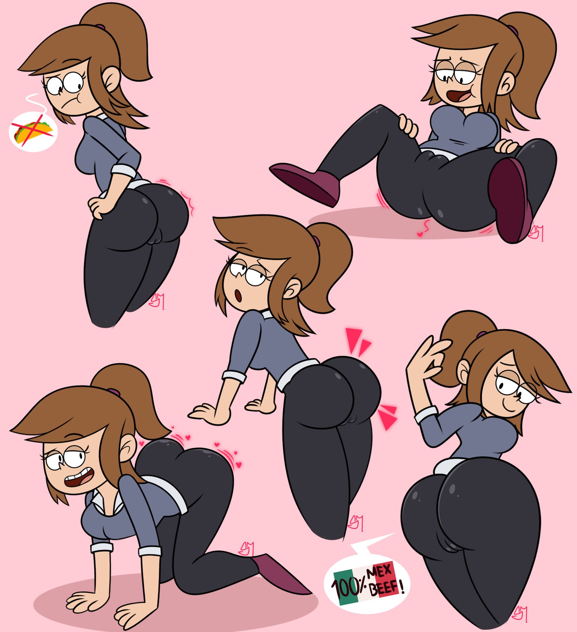 1girls, all fours, ass, bent over, big ass, big butt, breasts, brown hair, bubble ass, bubble butt, cameltoe, close enough, clothed, emily ramírez, eyelashes, female, fully clothed, human, leggings, looking at viewer, looking back, on back, perky breasts, ponytail, presenting, pussy, semidraws, shiny, simple background, smile, spread legs, spreading, suggestive, tight clothing