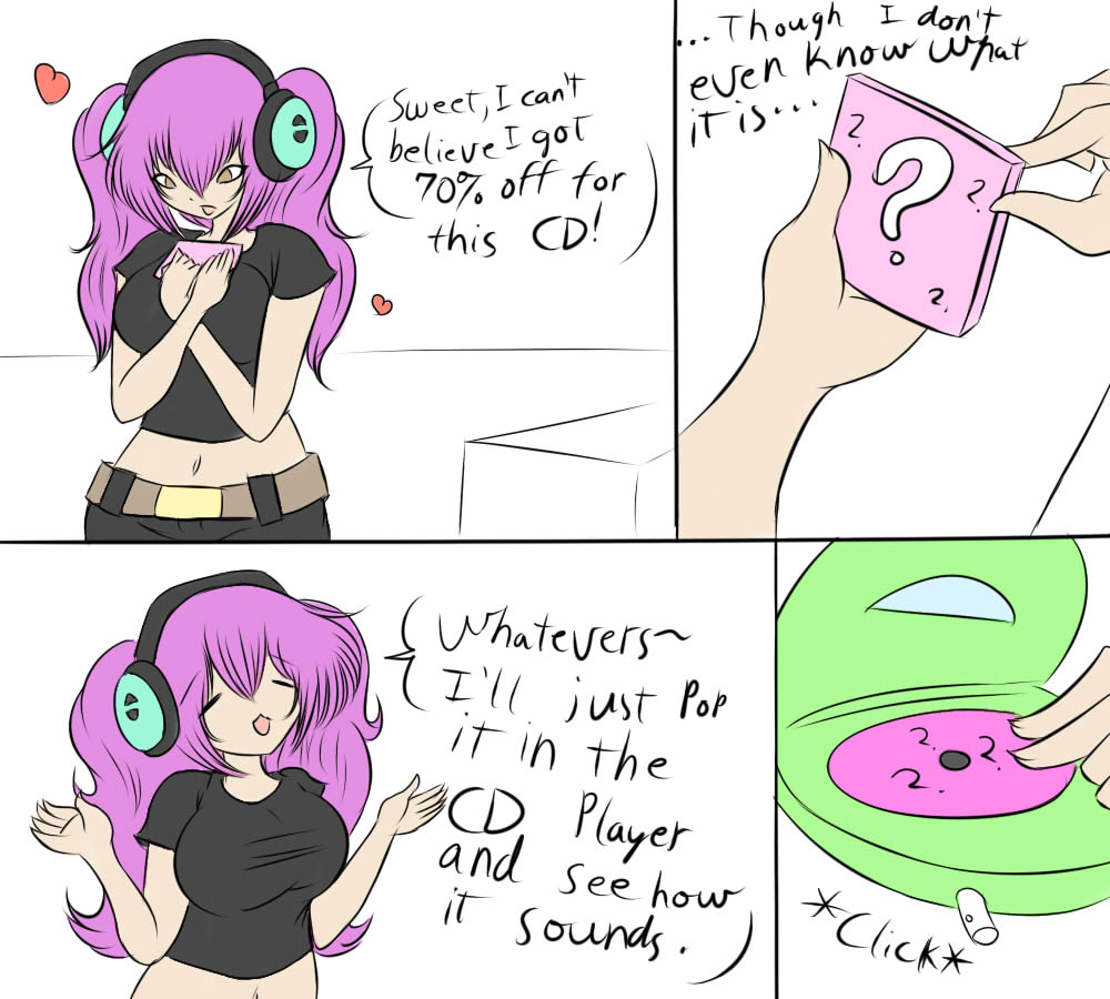 1girls, breast expansion, breast growth, breast growth (enlargement), breasts, comic, dialogue, dullvivid, female, female only, headphones, huge breasts, musical note, no source, original, original character, solo, solo female, twin tail