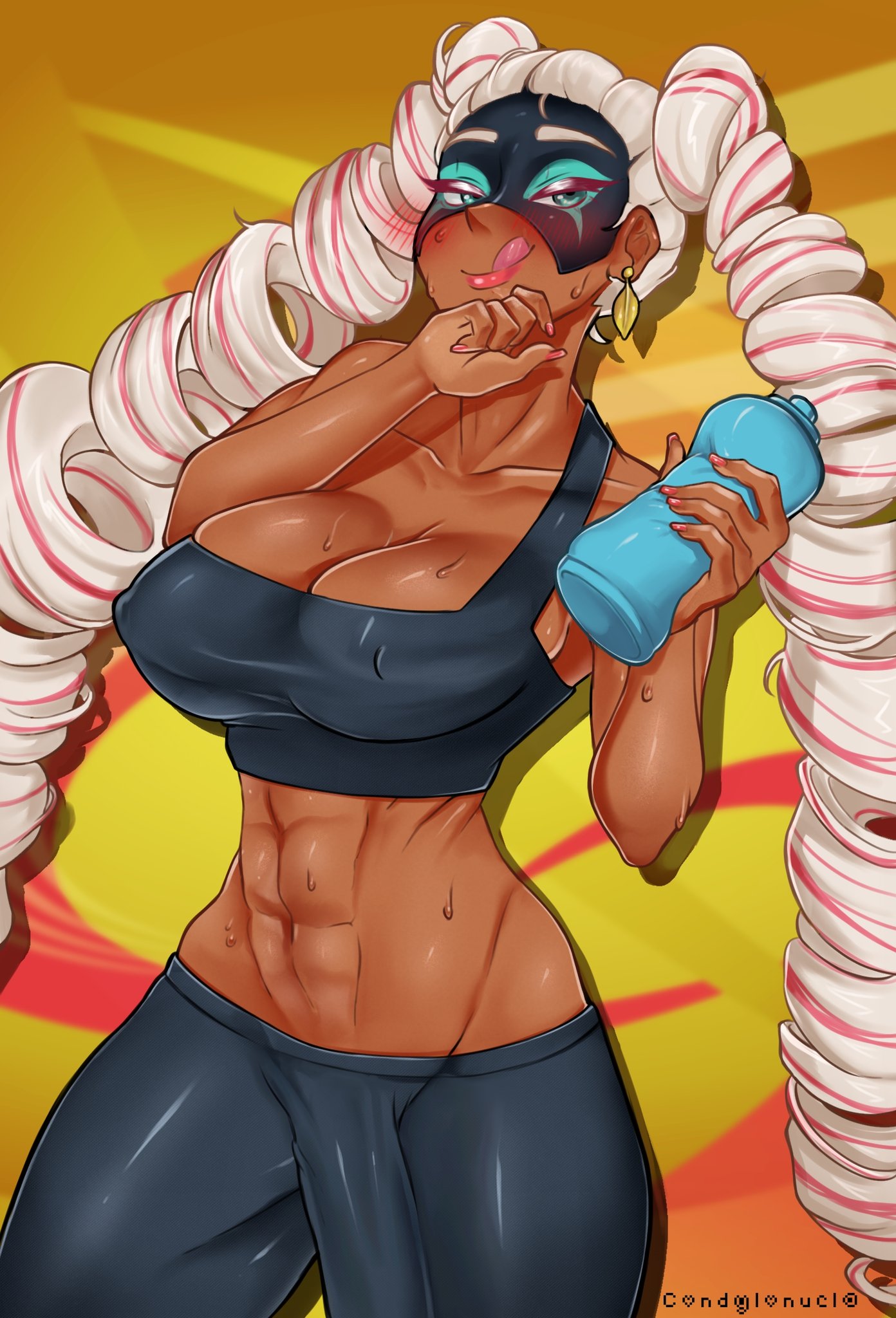 1futa, 2021, abs, arms (game), bedroom eyes, big penis, breasts, bulge, cameltoe, condylonucla, dark skin, dark-skinned futa, earrings, futa only, futanari, green eyes, intersex, large breasts, licking lips, long hair, mask, muscles, muscula, muscular, muscular futa, nintendo, penis, pink highlights, pussy, red lipstick, red nails, solo, sports bra, straight hair, sweat, thick thighs, twintelle, water, water bottle, white hair, wide hips, workout, workout clothes, yoga pants
