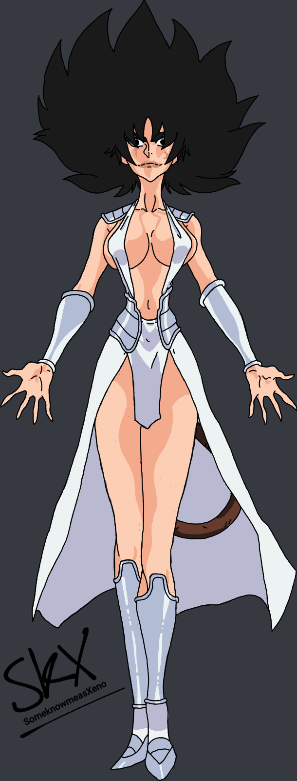 1girls alien_girl arms_out artist_signature bare_legs barely_clothed barely_covered belly_button black_eyes black_hair brown_tail character_sheet dragon_ball dragon_ball_xenoverse dress gauntlets greaves grey_background high_heels hourglass_figure huge_breasts huge_hair looking_at_viewer looking_down mature_female milf original_character pose posing saiyan saiyan_armor saiyan_tail scali shoulder_pads signature smile someknowmeasxeno spiky_hair thick_eyebrows thick_thighs waist_accessory watermark white_dress