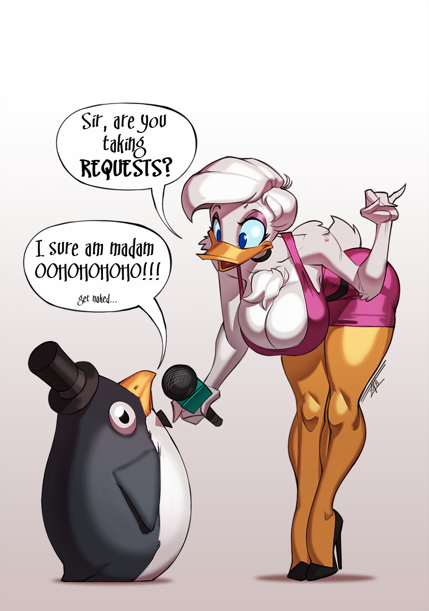 anthro ass bare_legs bare_shoulders bending_over bent_over big_breasts blue_eyes breasts bubble_butt busty butt calves choker cleavage daisy_duck disney dress duck female female_focus high_heels hourglass_figure interview large_breasts long_legs microphone penguin quack_pack reporter short_dress short_hair skimpy skimpy_clothes skimpy_dress skin_tight soft_feathers speech_bubble taboolicious tagme text toned toned_female top_hat white_feathers white_hair wide_hips