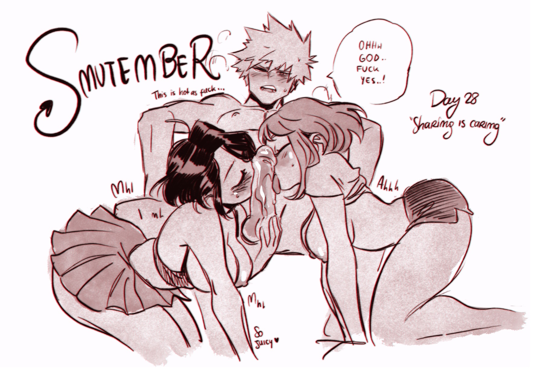 1boy, 2girls, blowjob, breasts, breasts out, collaborative fellatio, erinclover, fellatio, female, ffm threesome, imminent sex, katsuki bakugou, male, multiple females, multiple girls, my hero academia, ochako uraraka, original character, pixie (erinclover), sharing, skirt, teamwork, threesome, topless