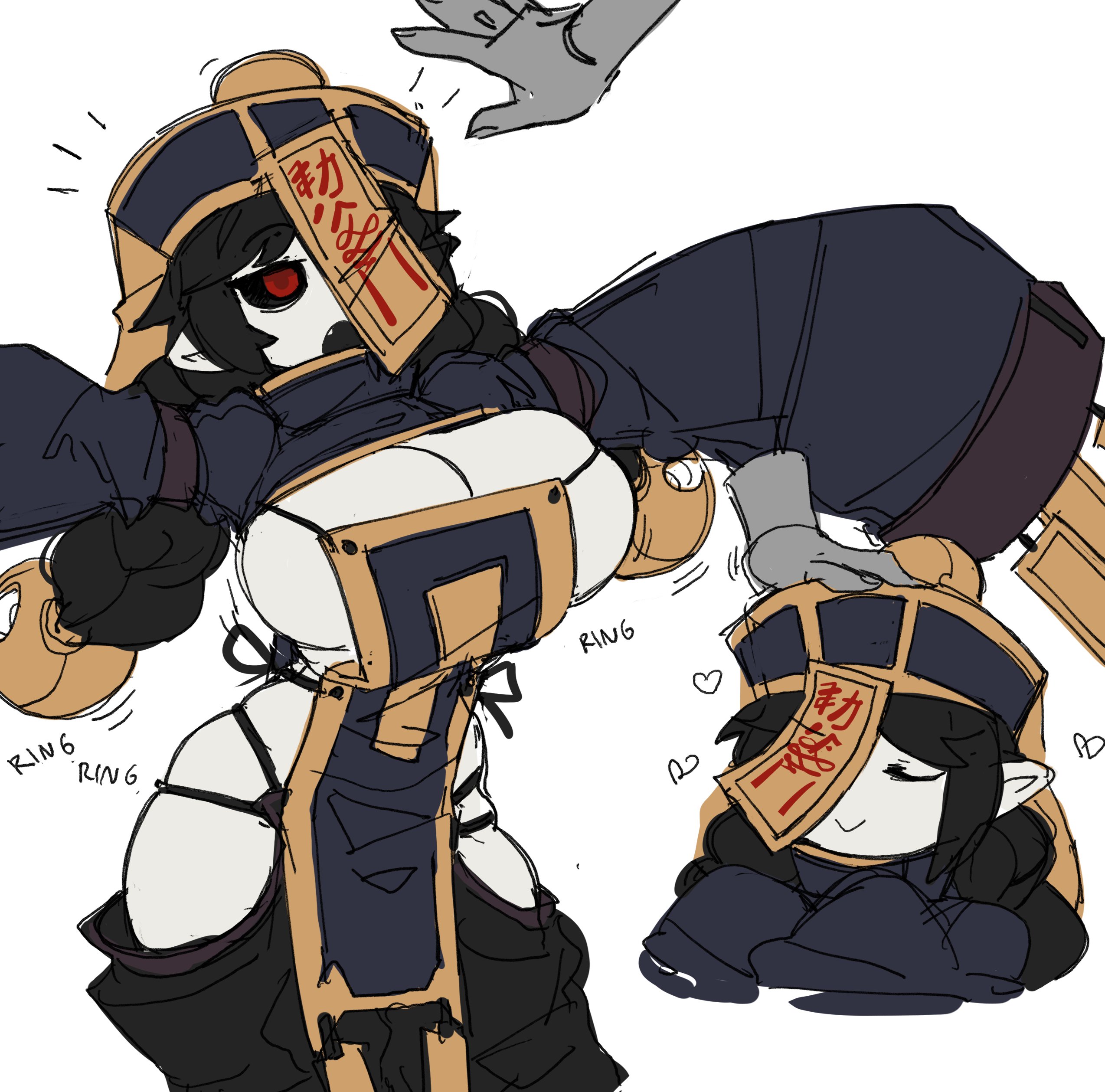 :>, <3, 1girls, big breasts, black hair, black sclera, braided hair, breasts, chinese clothes, chinese mythology, cleavage, disembodied hand, female, female only, hat, head pat, huge breasts, jiangshi, long hair, mei lan (zanamaoria), monster, ofuda, one eye covered, pale skin, pointy ears, qing guanmao, red eyes, sideboob, solo, solo female, twin braids, undead, very high resolution, white background, wholesome, wide hips, zanamaoria