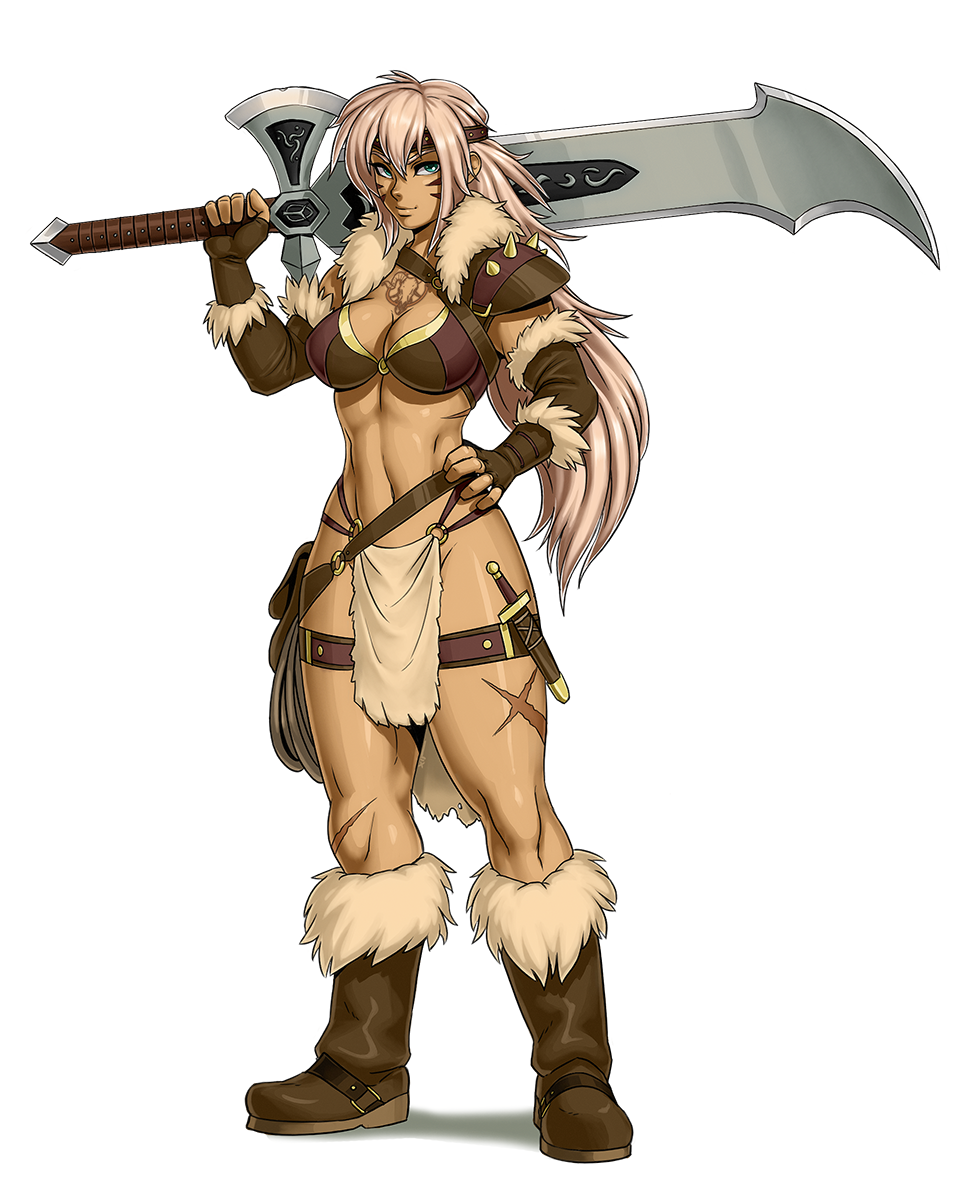 1girls aqua_eyes barbarian belly big_sword blonde_hair boots cleavage facial_markings female fingerless_gloves fit hand_on_hip headband large_breasts loincloth long_hair looking_at_viewer luigiix muscular_female navel original original_character scar tattoo unconvincing_armor voluptuous