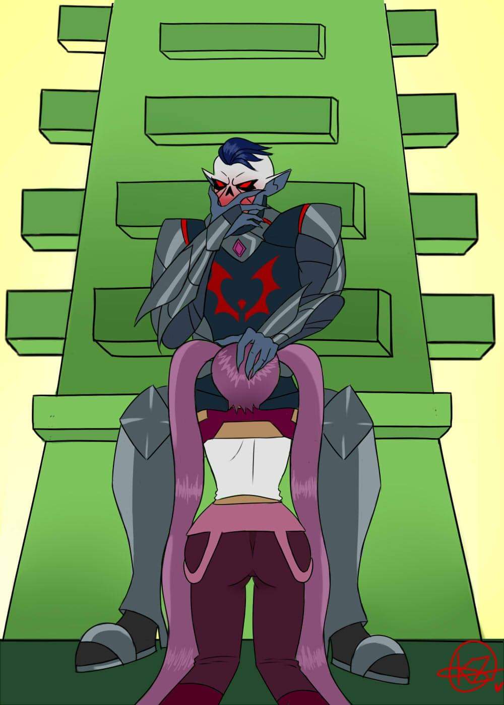 1boy 1girls armor artist_request artist_signature ass blue_hair blush brown_skin brunette clothed_male_clothed_female dark-skinned_female deepthroat elf_ears entrapta fellatio fright_zone hand_on_head hand_on_mouth hordak horde_symbol_(she-ra) hourglass_figure implied_deepthroat implied_oral kanon65 long_hair oral pointy_ears purple_hair red_eyes she-ra_and_the_princesses_of_power sitting straight twintails undercut