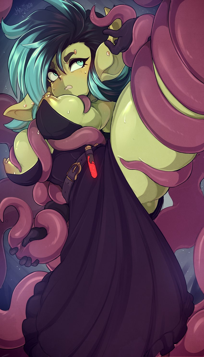 1girls, ambiguous penetration, areolae, belt, big ears, black eyebrows, black hair, blue hair, blush, bodily fluids, borrowed character, breast squeeze, breasts, dress, ear piercing, eyebrow piercing, female, goblin, goblin female, green skin, highres, leora (kibix1), light green eyes, medium hair, merunyaa, nipple piercing, nipples, original, original character, piercing, pointy ears, restrained, tentacle, tentacle between breasts, tentacle grab, tentacles around arms, tentacles under clothes, thick thighs, thigh squish, two-tone hair, vial