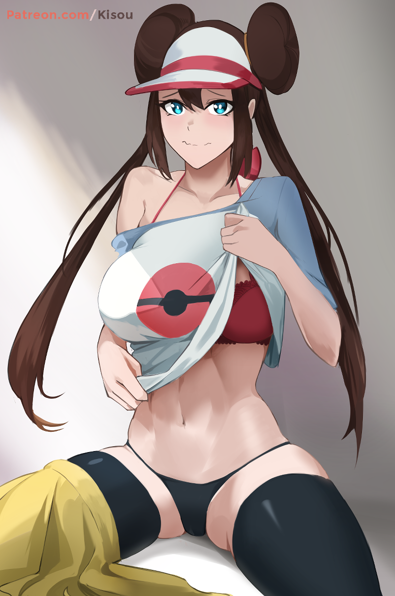 1girls, black thong, blue eyes, bra, breasts, brown hair, brown-haired female, double bun, eye contact, female, hat, kisou, long hair, looking at viewer, nintendo, pokemon, pokemon bw2, rosa (pokemon), skirt around one leg, skirt lift, spread legs, thighhighs, thighs, thong, twintails