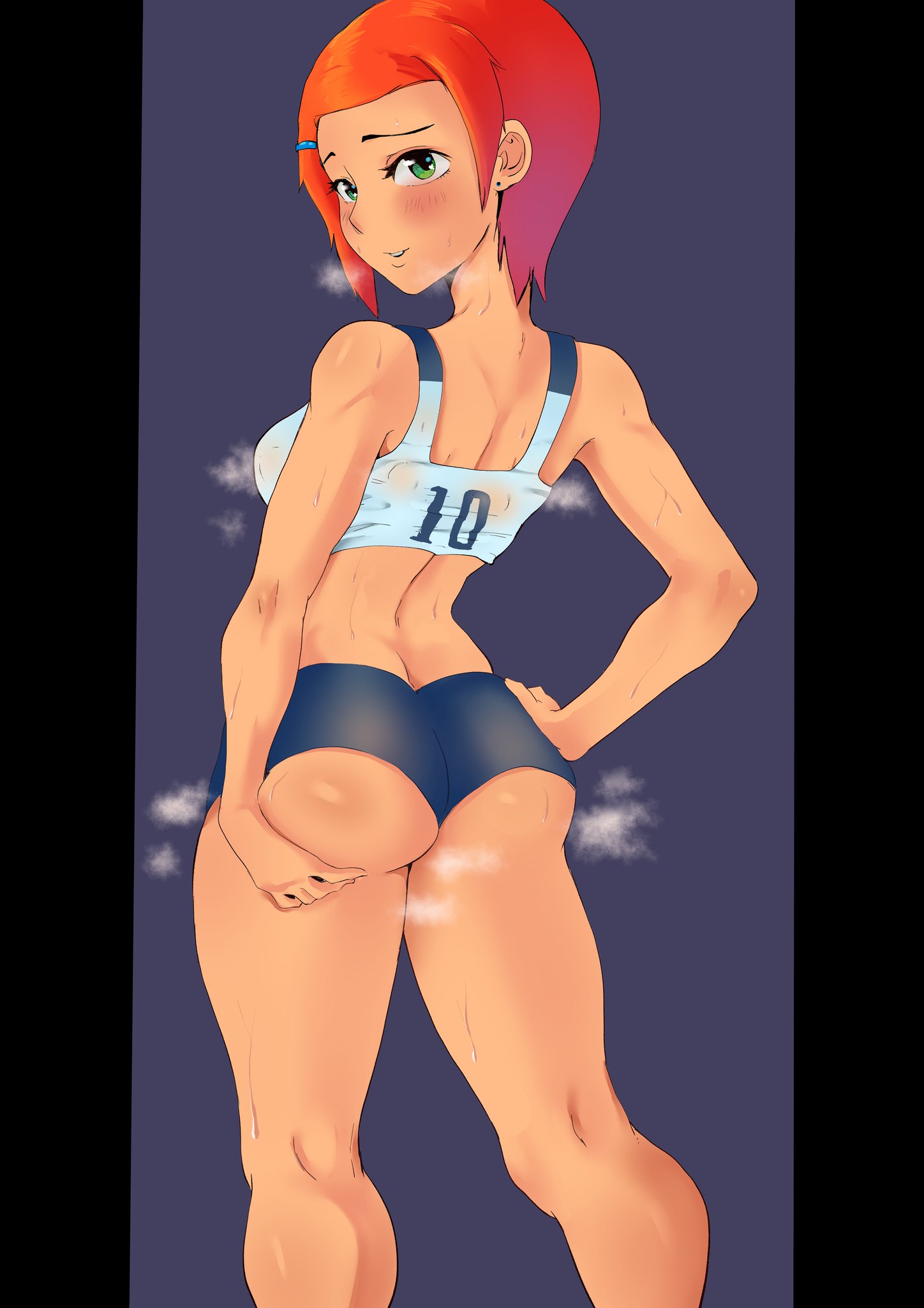 1girls, ass, ass grab, ben 10, ben 10 (classic), blush, cafin, cartoon network, clothed, female, grabbing own ass, green eyes, gwen tennyson, gwen tennyson (classic), looking back, orange hair, short hair, shorts, sportswear, sweat, sweatdrop