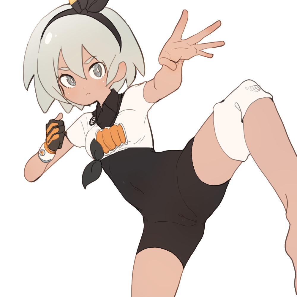 barefoot bea_(pokemon) black_gloves bodysuit cameltoe covered_navel dark_skin female game_freak gloves grey_eyes grey_hair gym_leader hairband luke_(dydansgur) nintendo pokemon pokemon_ss ribbon shirt short_hair short_sleeves shorts simple_background skin_tight solo white_background white_shirt wristband