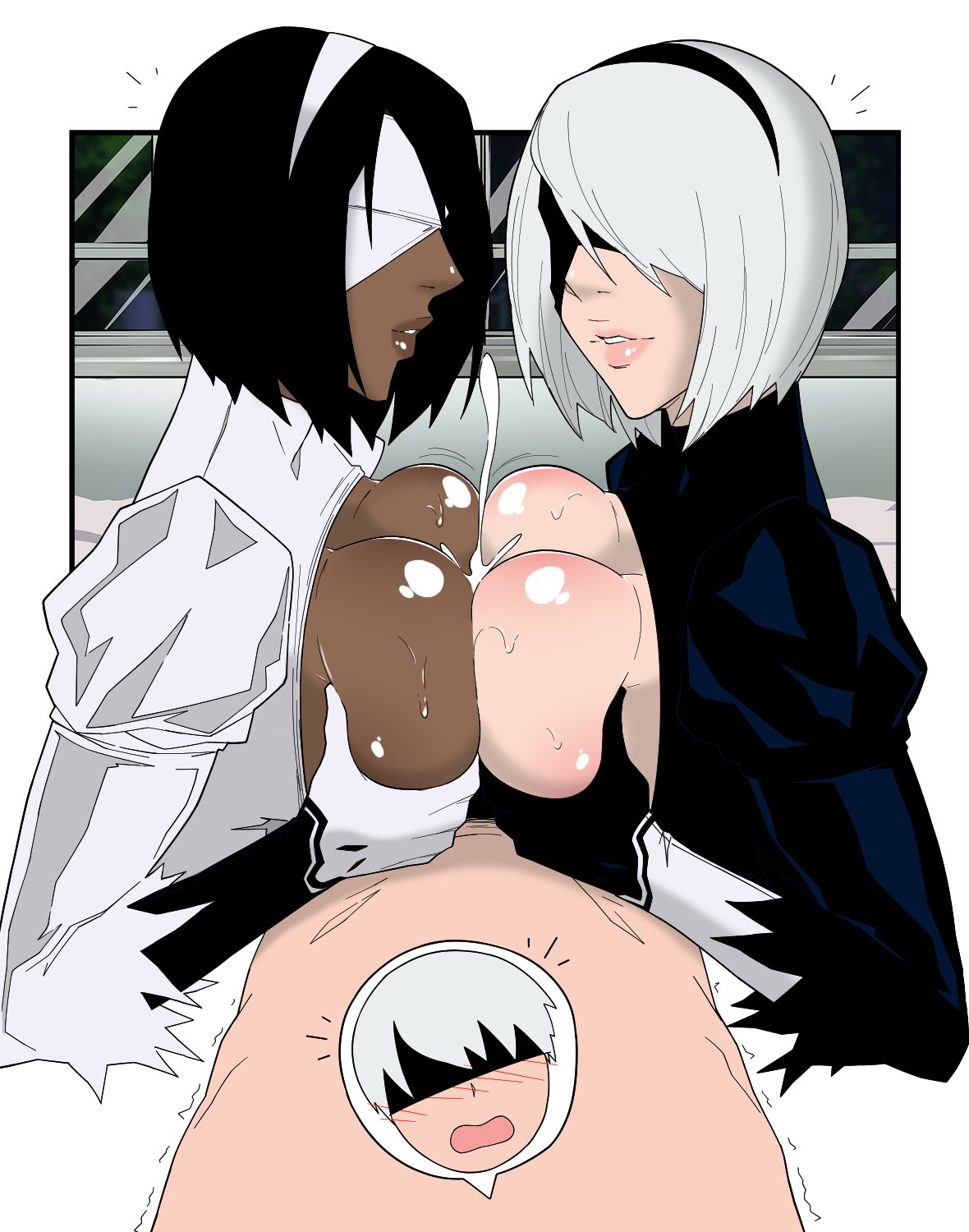 1boy, 2girls, alternate breast size, big breasts, black hair, blush, blushing, bodysuit, breasts, breasts out, busty, chocolate and vanilla, cum, cum between breasts, dark breasts, dark skin, dark-skinned female, double paizuri, ejaculation, ejaculation between breasts, engulfing paizuri, female, flashing, gloves, hourglass figure, huge breasts, khexxi, large breasts, light breasts, light skin, light-skinned female, male, male pov, nier: automata, nude, nude male, nudity, paizuri, pov, risenhentaidemon, shaking, short black hair, short hair, straight, tagme, white hair, yorha 2b, yorha 2p, yorha 9s