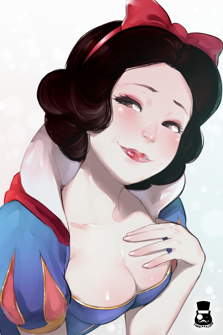 1girls, 5 fingers, alternate version available, big breasts, black hair, breasts, brown eyes, disney, disney princess, dress, female, headband, lipstick, looking at viewer, mr.takealook, princess, royalty, short hair, snow white (disney), snow white and the seven dwarfs (1937 film)