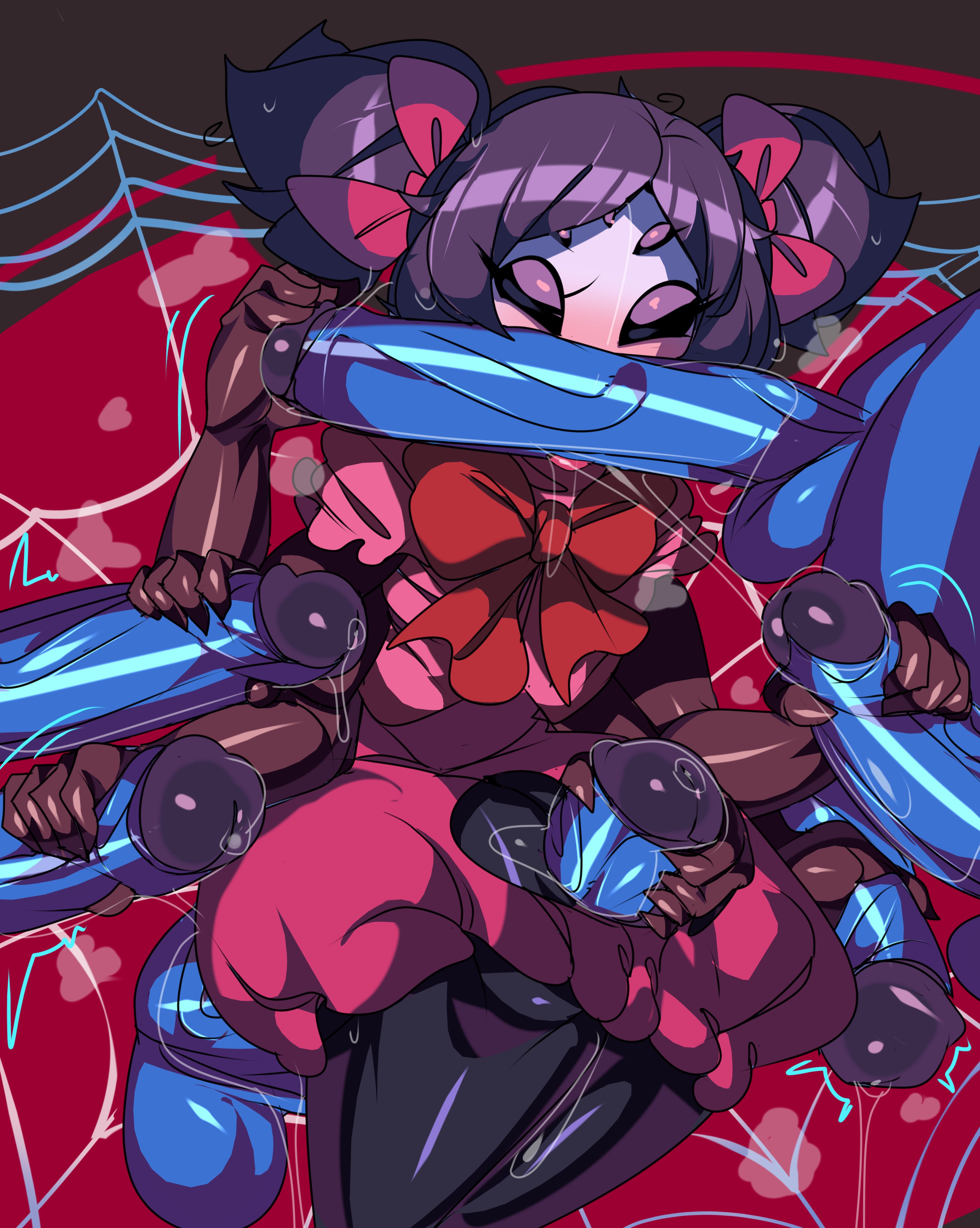 1girls, 6boys, blowbang, blue skin, captain kirb, captain kirb undertale (style), clothed female nude male, double handjob, female, gangbang, handjob, male, muffet, multiple boys, multiple males, spider girl, straight, sweat, thigh sex, undertale, undertale captain kirb (style)