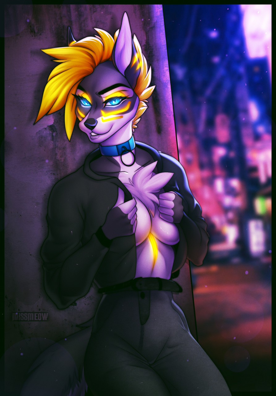 anthro blue_eyes breasts canid canine canis catherinemeow clothed clothing detailed_background female fluffy fluffy_tail fur hair hi_res mammal multicolored_body multicolored_fur open_mouth open_smile orange_hair purple_body purple_fur smile solo teeth two_tone_body two_tone_fur wolf