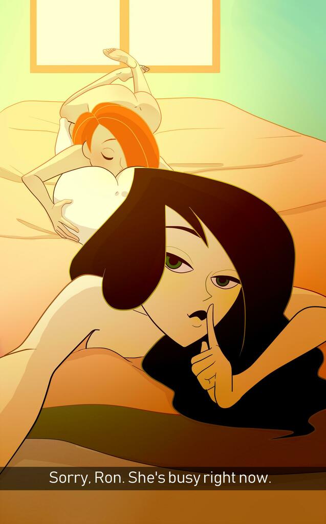 2girls, anilingus, ass, bed, black hair, cellphone, cheating, cunnilingus, disney, eating ass, female, female only, green eyes, kim possible, light skin, light-skinned female, looking at viewer, multiple females, multiple girls, naked, nude, nude female, on bed, on stomach, oral, orange hair, rimjob, rimming, selfie, shego, snapchat, yuri