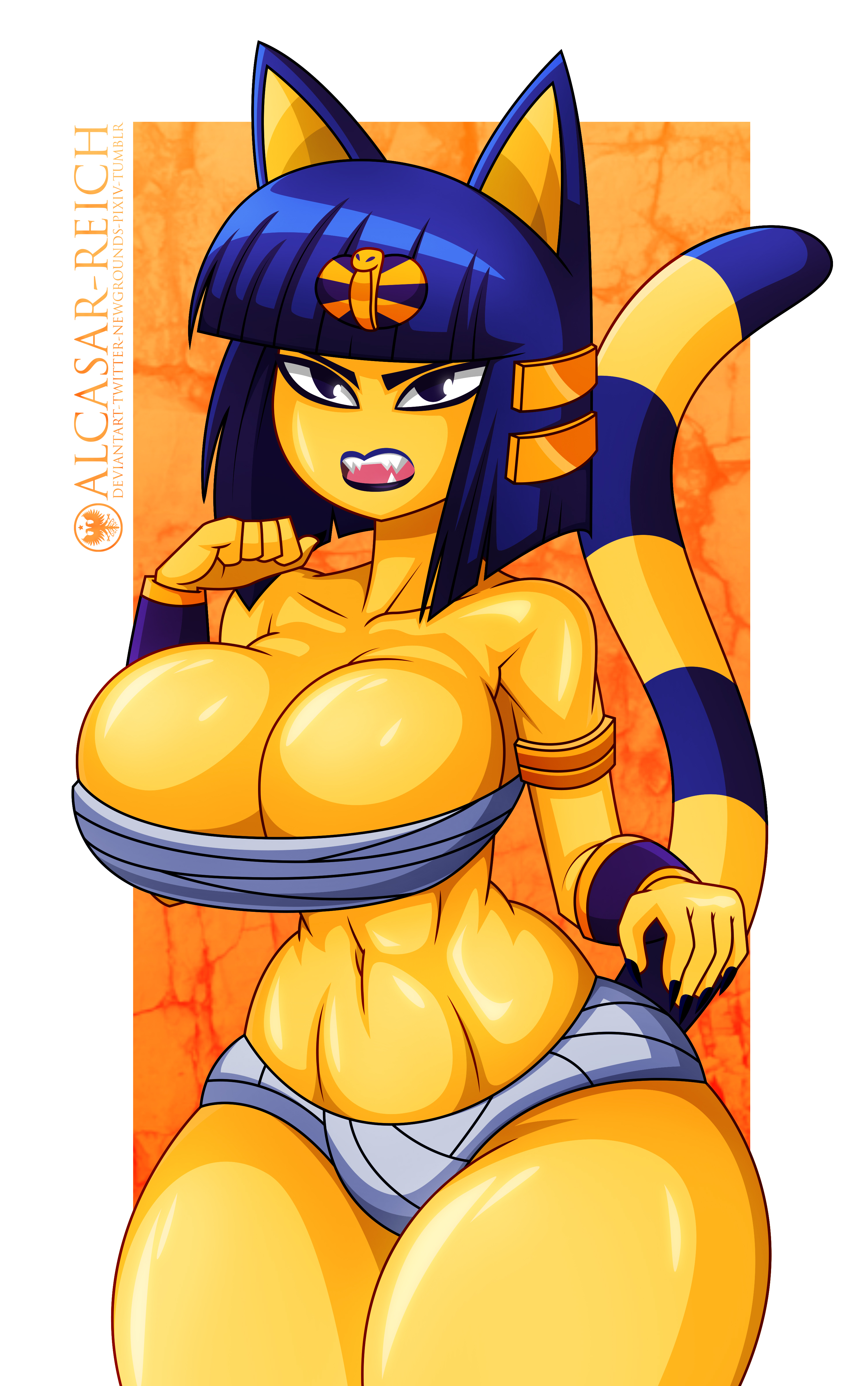 2020, absurd res, alcasar-reich, alternate body type, alternate breast size, angry, animal crossing, ankha, anthro, big breasts, breasts, cleavage, clothed, clothing, domestic cat, egyptian, felid, feline, felis, female, female only, hi res, mammal, nintendo, open mouth, partially clothed, partially clothed female, sharp teeth, solo, striped tail, stripes, thick thighs, video games