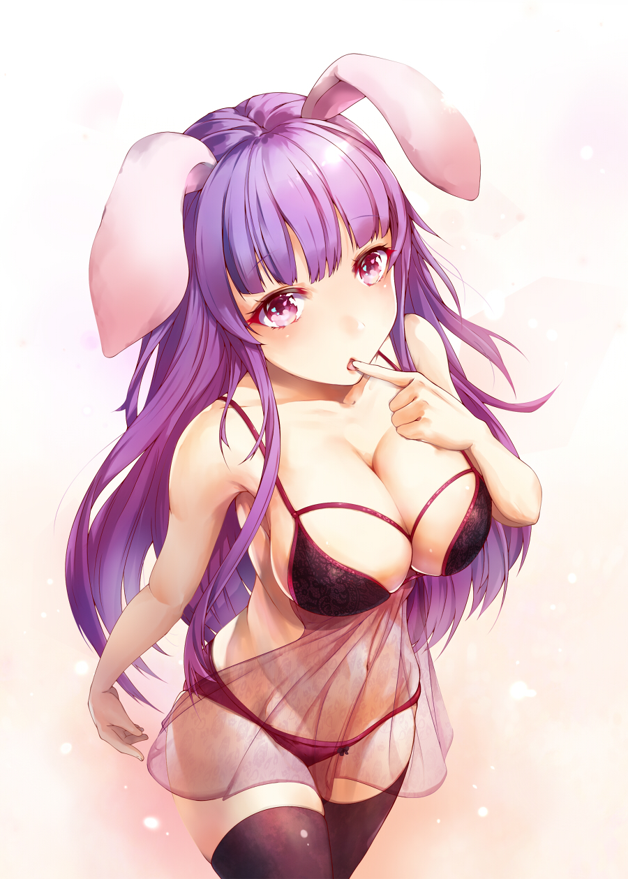 1girls, belly, belly button, big breasts, black thighhighs, bra, breasts, bunny ears, bunny girl, cleavage, female, female focus, female only, licking finger, lingerie, long hair, looking at viewer, mostly nude, panties, purple eyes, purple hair, rabbit, rabbit ears, reisen udongein inaba, solo, solo female, solo focus, thighhighs, touhou, very long hair