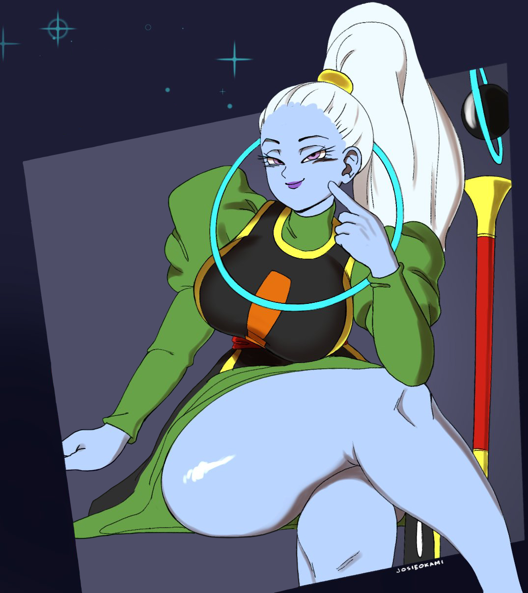 1girls, angel, angel (dragon ball), ass, blue skin, blush, breasts, crossed legs, curvaceous, curvy, curvy figure, dragon ball, dragon ball super, dragon ball z, edit, female, female only, half-closed eyes, huge breasts, josieokami, large breasts, legs, long legs, looking at viewer, ponytail, purple eyes, purple lips, seductive, shiny skin, sitting, smile, smiling, smiling at viewer, solo, solo female, thick thighs, thighs, tied hair, vados, voluptuous, white hair, wide hips