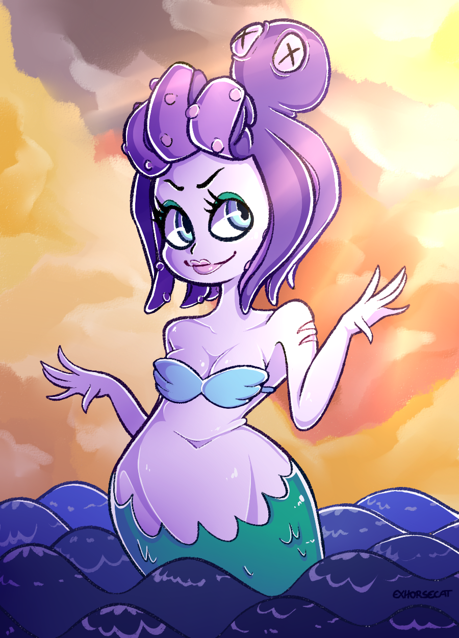 1girls bra cala_maria cuphead_(game) exhorsecat female female_only mermaid monster monster_girl partially_submerged smile solo water