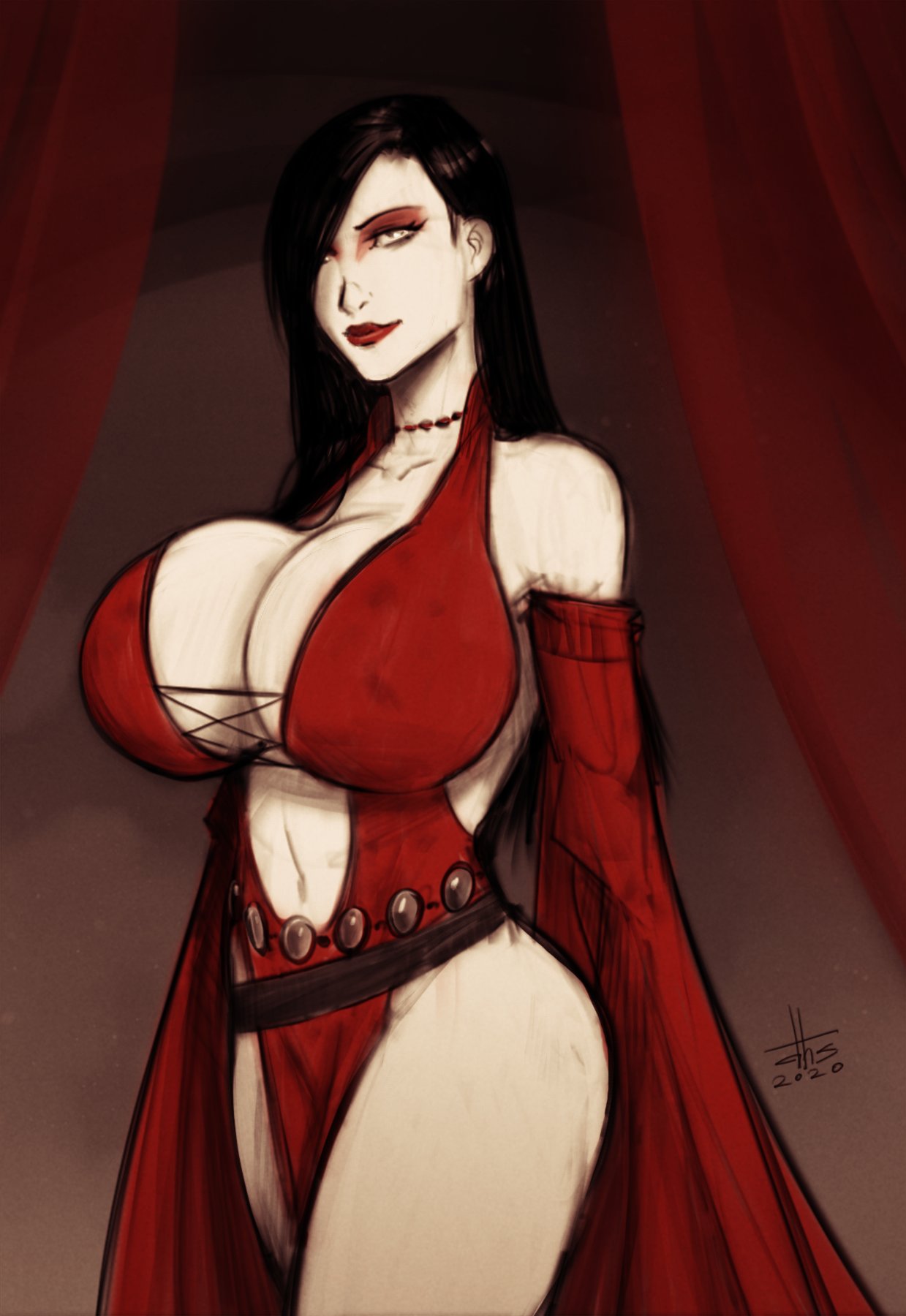 1girls big_breasts black_hair breasts choker cleavage devil_hs dress extreme_cleavage female female_only hourglass_figure huge_breasts kaileena large_breasts makeup prince_of_persia prince_of_persia_warrior_within red_dress solo thick_thighs wide_hips