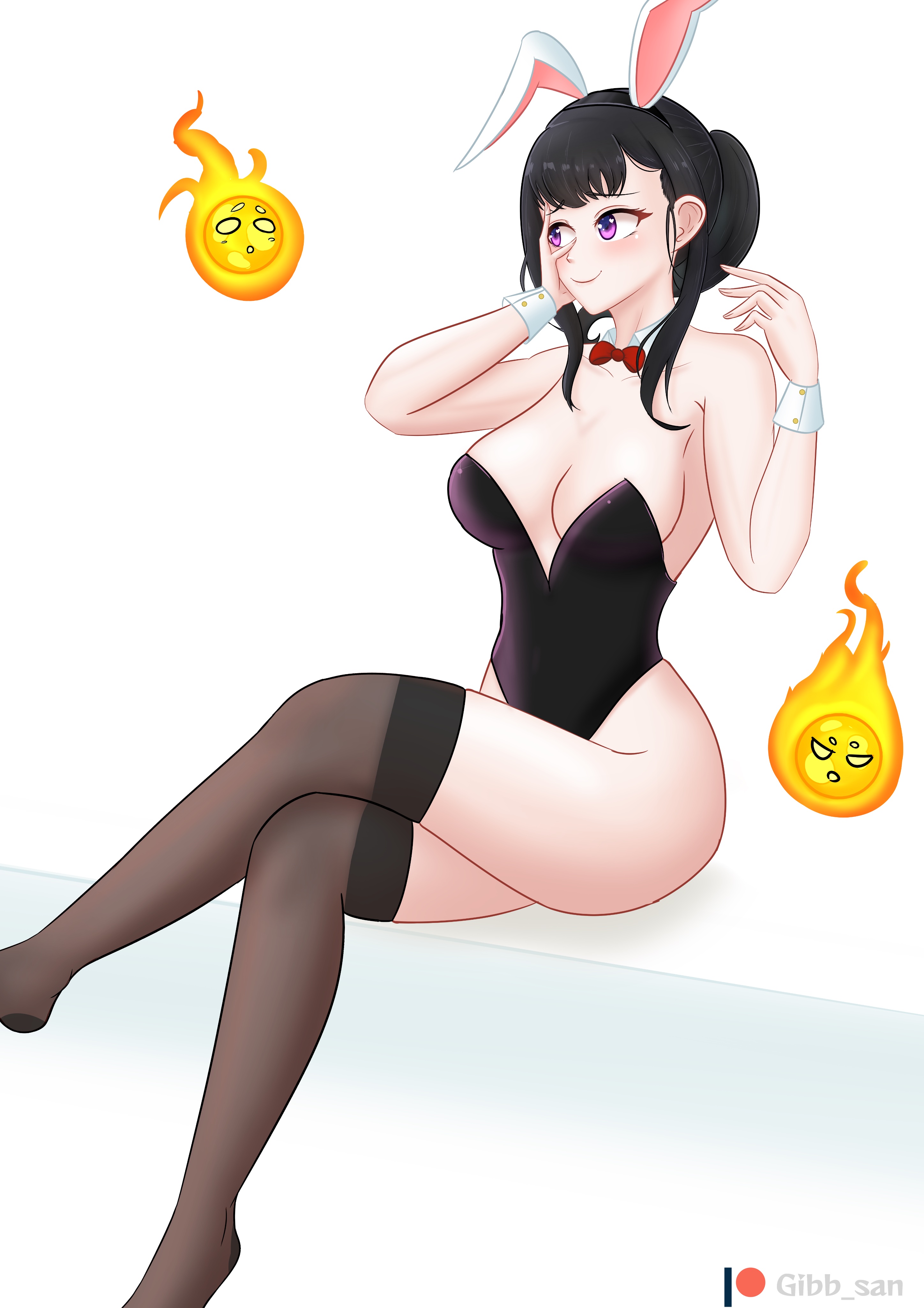 1girls, animal ears, big breasts, black hair, bow, breasts, bunny ears, bunny girl, bunnysuit, clothed, clothes, clothing, enen no shouboutai, female, fire force, gibb san, hat, looking away, oze maki, purple eyes, sitting, sitting down, solo, solo female, stockings, white background