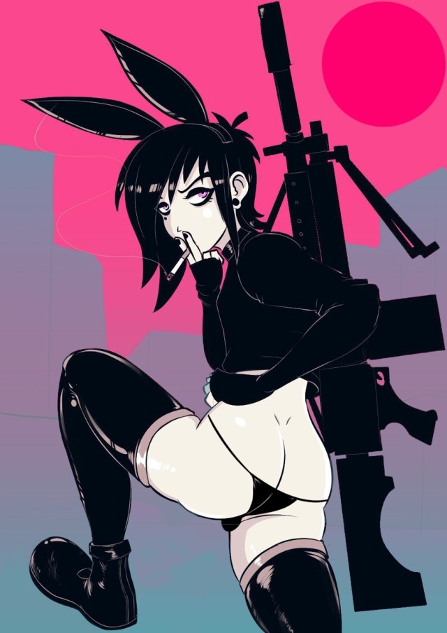 1boy ass ass_cleavage beauty_mark black_hair black_nails bunny_ears butt_crack cigarette crop_top eyeshadow femboy gauged_ear goth gun lavey lavey-otokonoko male male_only pale_skin pink_eyes rifle thigh_boots thong