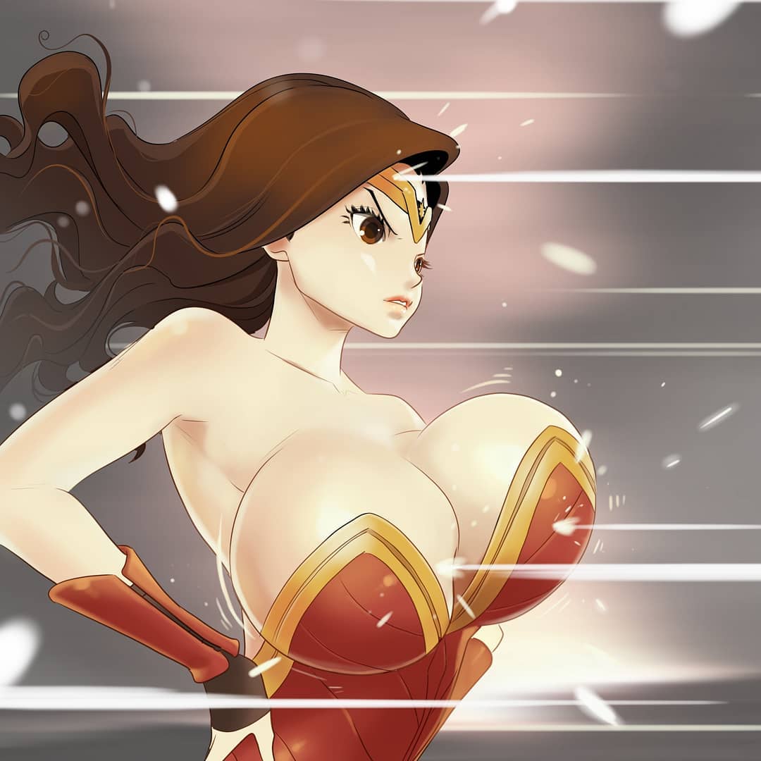 1girls, bouncing breasts, bracelet, breasts, brown eyes, brown hair, bullets, circlet, cleavage, dc, dc comics, diana prince, favorite, female, female only, fingerless gloves, huge breasts, milkeyquinn, solo, solo female, voluptuous, wonder woman, wonder woman (series)