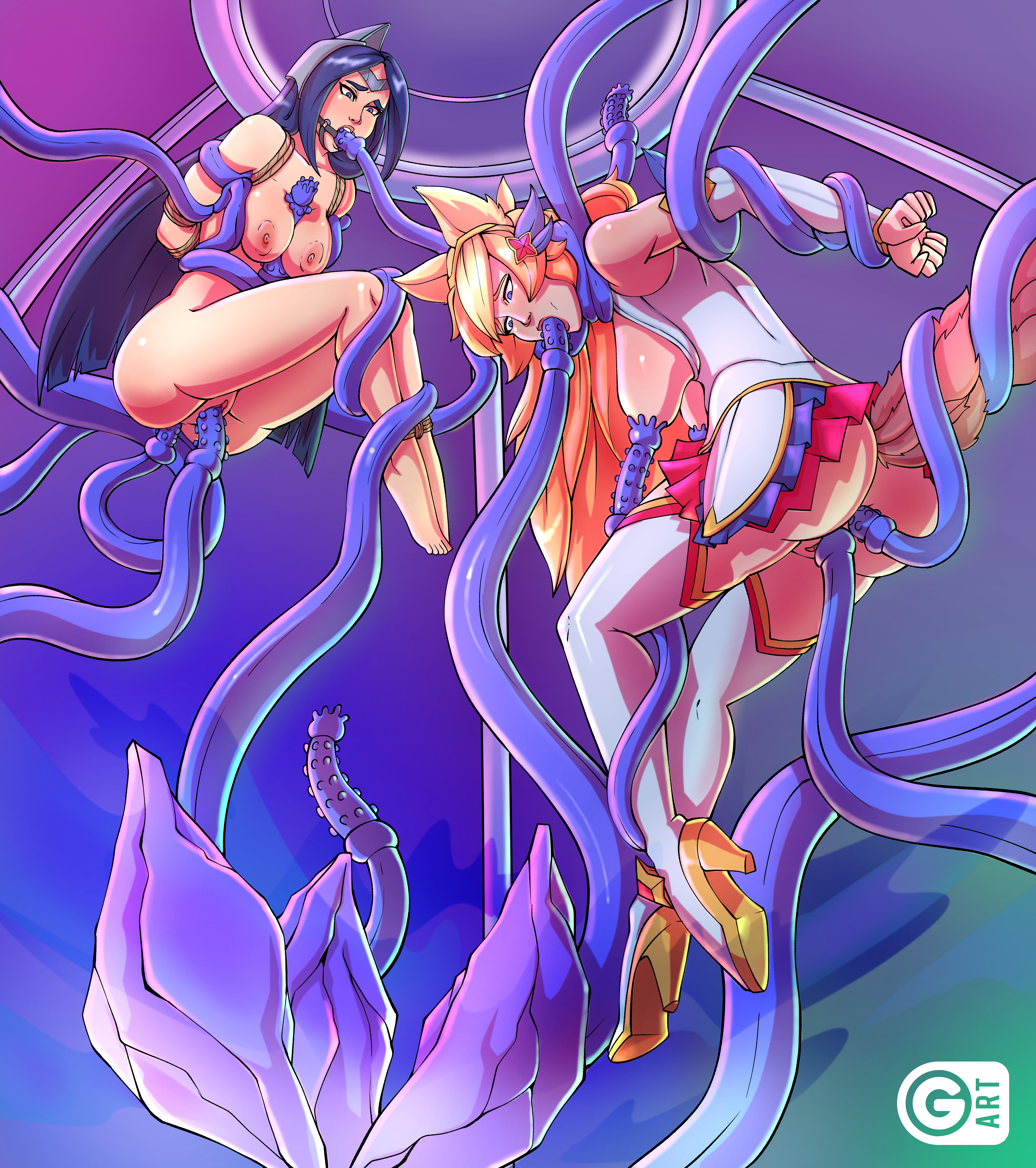 2girls, ahri, all holes, all three filled, anal, anal sex, arms behind back, ass, blonde hair, blowjob, bondage, breasts, clothing, double penetration, fellatio, female, femsub, fox, fox ears, fox tail, gag, guaky, irelia xan, league of legends, long hair, multiple females, multiple girls, multiple subs, open mouth, open mouth gag, oral, penetration, purple tentacles, pussy, rape, restrained, ring gag, skirt, skirt lift, spread legs, star guardian ahri, star guardian series, suspension, tentacle, thighhighs, triple penetration, vagina, vaginal penetration, white legwear, white thighhighs