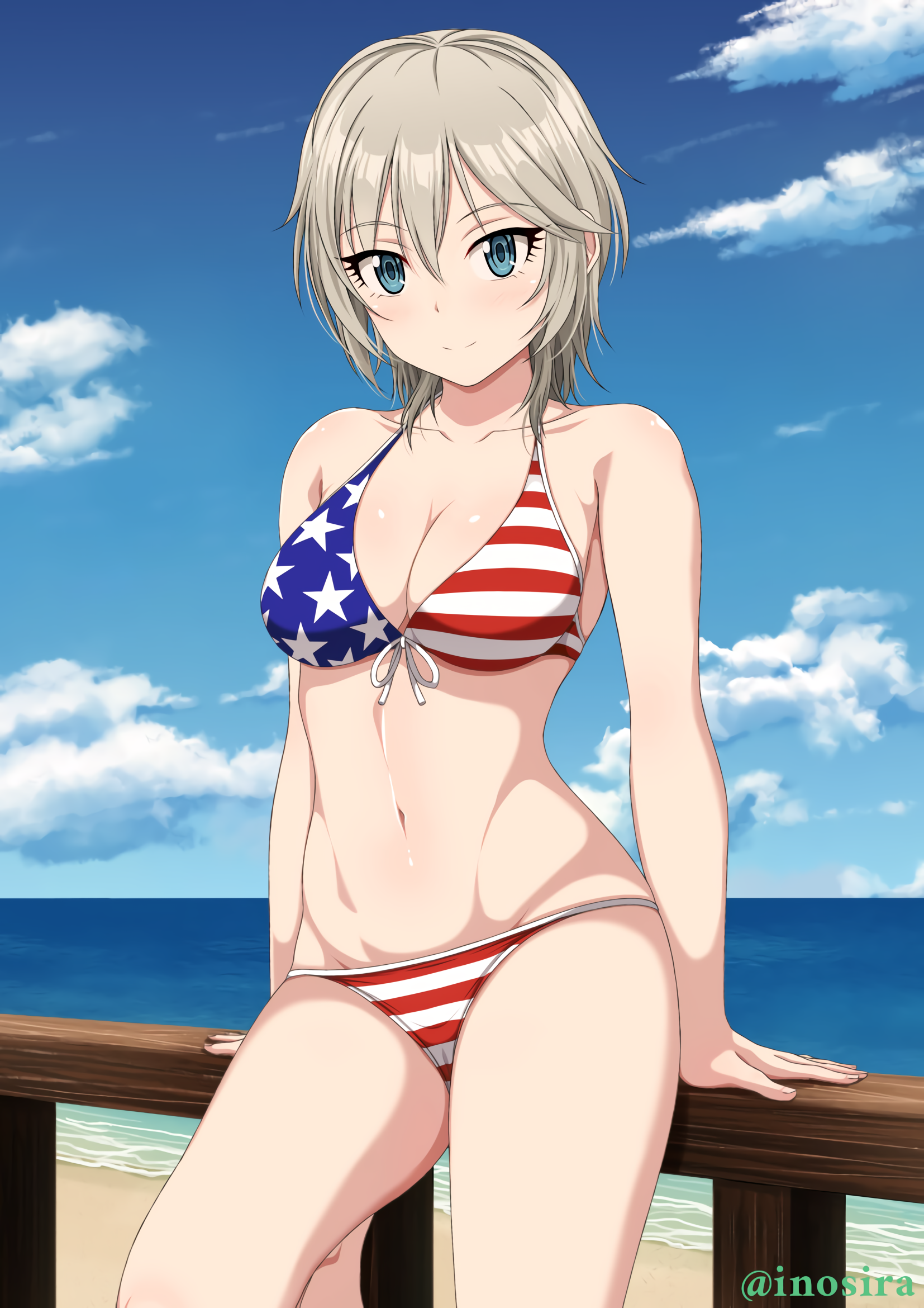 1girls, american flag, american flag bikini, anastasia (idolmaster), bangs, bare shoulders, beach, big breasts, bikini, blue eyes, blue sky, breasts, cleavage, closed mouth, collarbone, female, female focus, female only, idolmaster, idolmaster cinderella girls, inoshira, looking at viewer, navel, ocean, short hair, solo, swimsuit, thighs