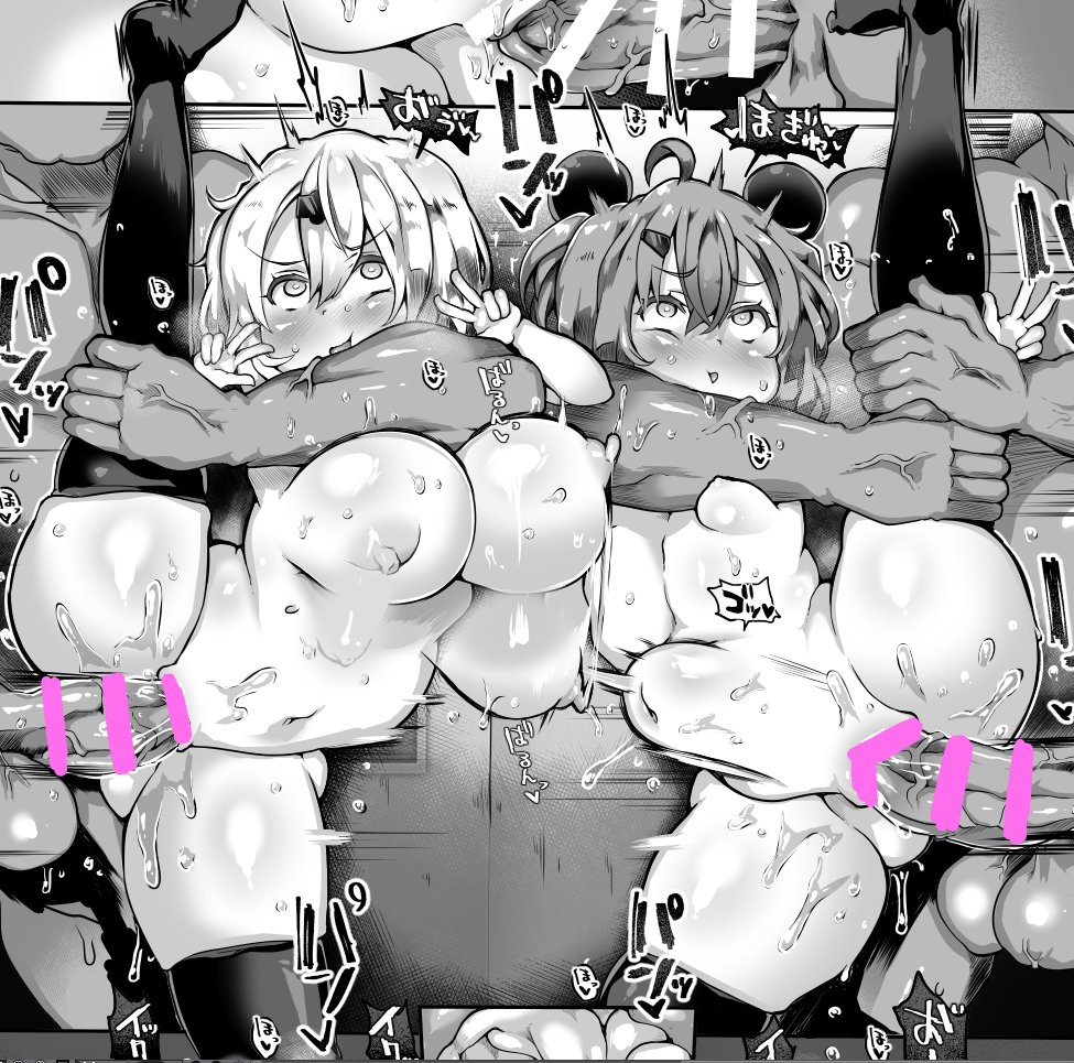 2boys 2girls atahuta big_breasts big_penis blush bouncing_breasts breasts choking dark-skinned_male double_v huge_breasts huge_penis legs_spread monochrome nijisanji nipples nude penis pussy sex spread_legs standing_on_one_leg standing_sex stomach_bulge thick_thighs thighhighs v vaginal_penetration virtual_youtuber yorumi_rena