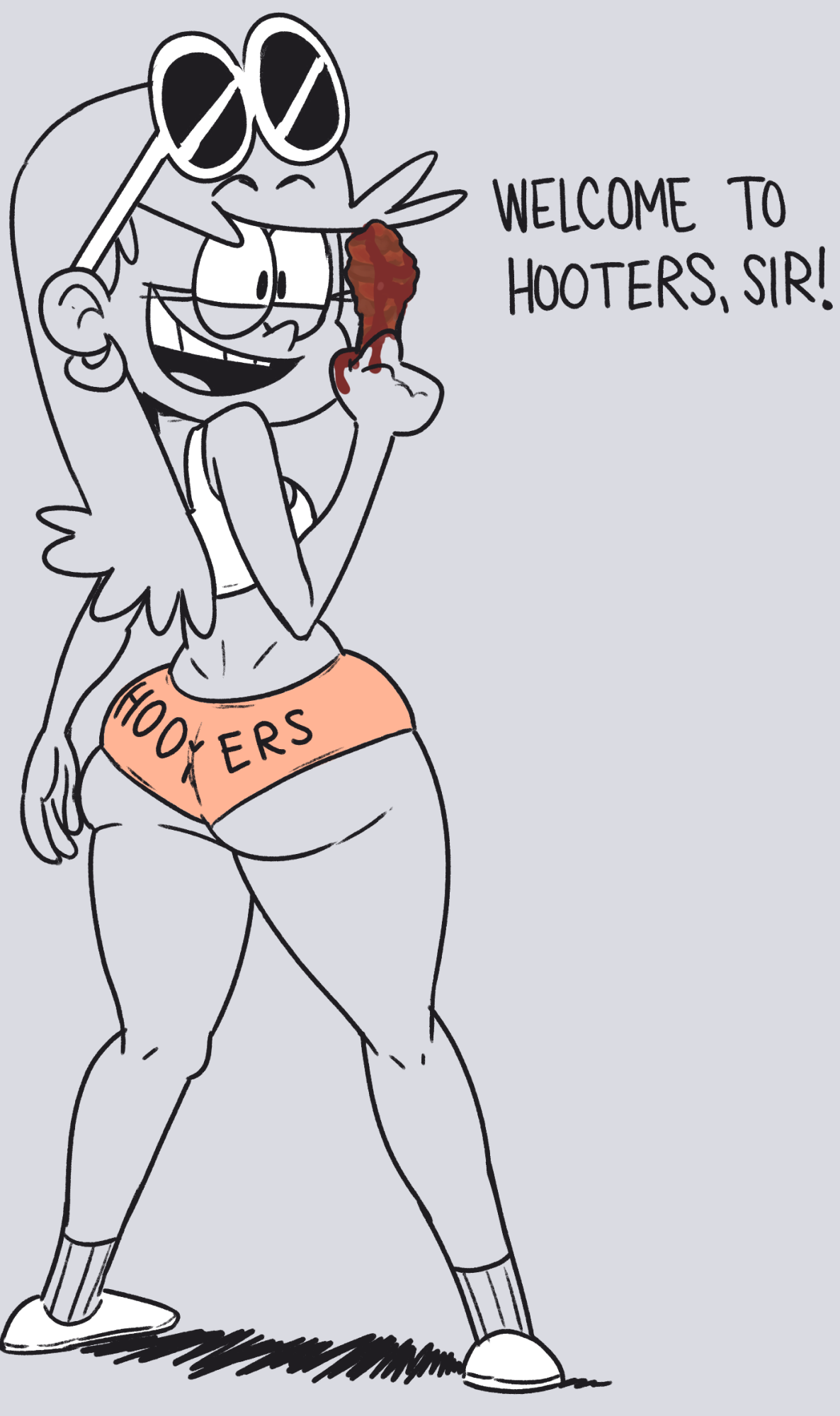 1girls, ass, big ass, crop top, dialogue, distancedpsyche, english text, female, female only, food, holding food, hooters, hooters uniform, leni loud, open mouth, short shorts, shorts, smile, solo, solo female, solo focus, straight hair, tank top, text, the loud house, thick, thick thighs, thighs, thin waist, uniform, waitress, wide hips