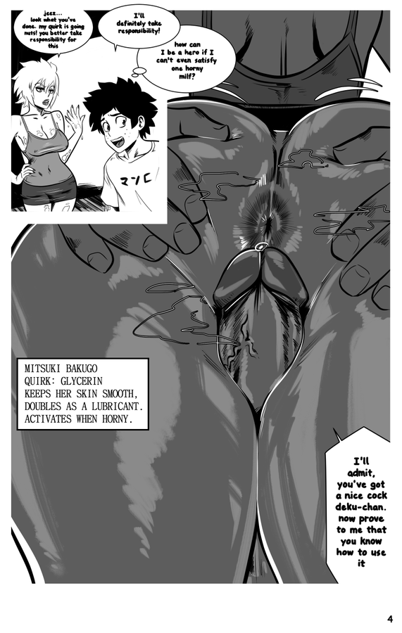 anus ass ass_grab bottomless comic english_text female izuku_midoriya male milf mitsuki_bakugou mizaru monochrome mother my_hero_academia no_panties older_female page_4 page_number penis penis_between_thighs shiny_skin tagme tank_top text thighjob younger_male