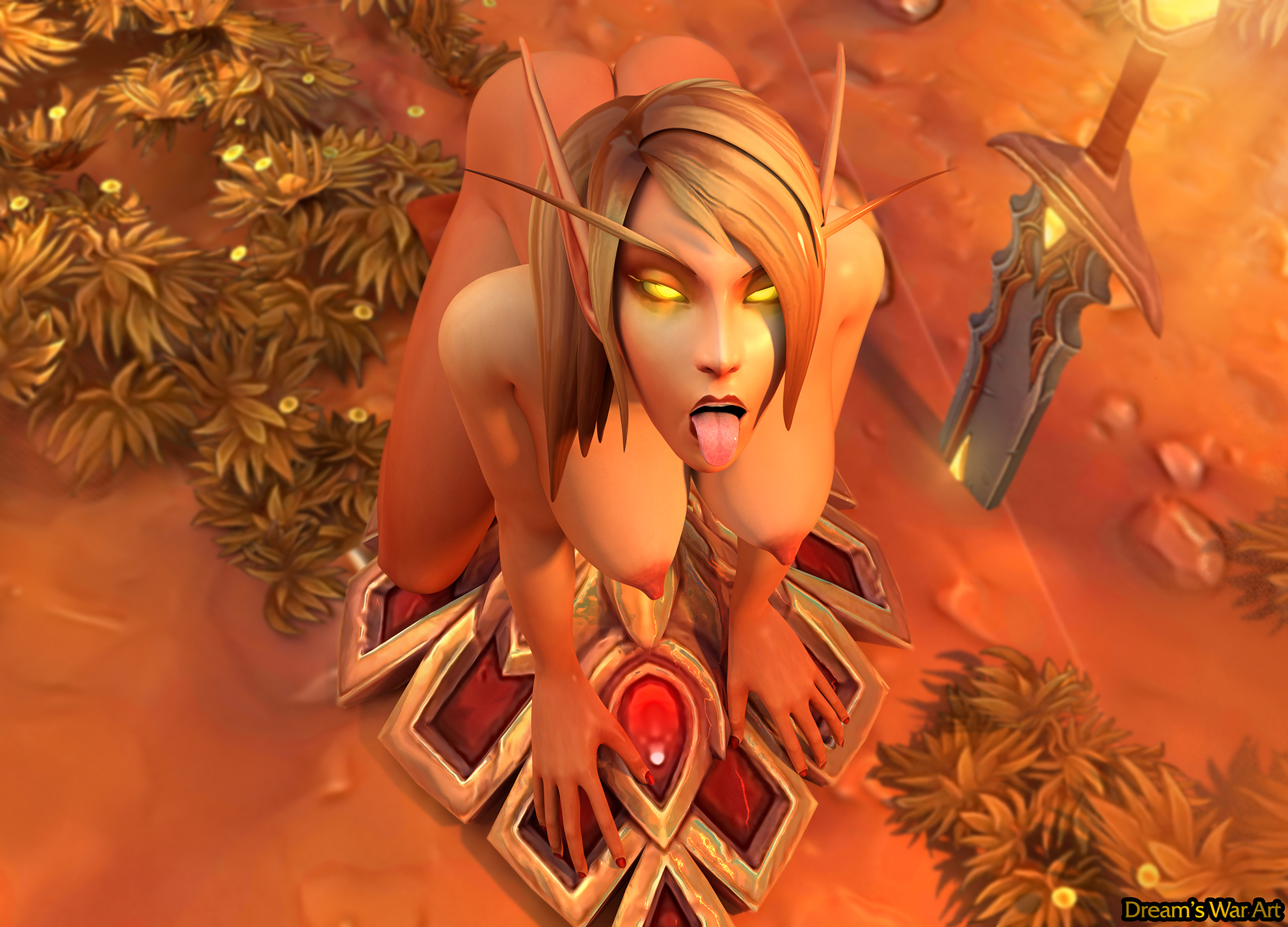 3d, ahegao, blood elf, blood elf paladin, dreamswarart, elf, elf ears, elf female, female, golden eyes, lady liadrin, looking at viewer, nude, pointy ears, tongue, tongue out, warcraft, world of warcraft