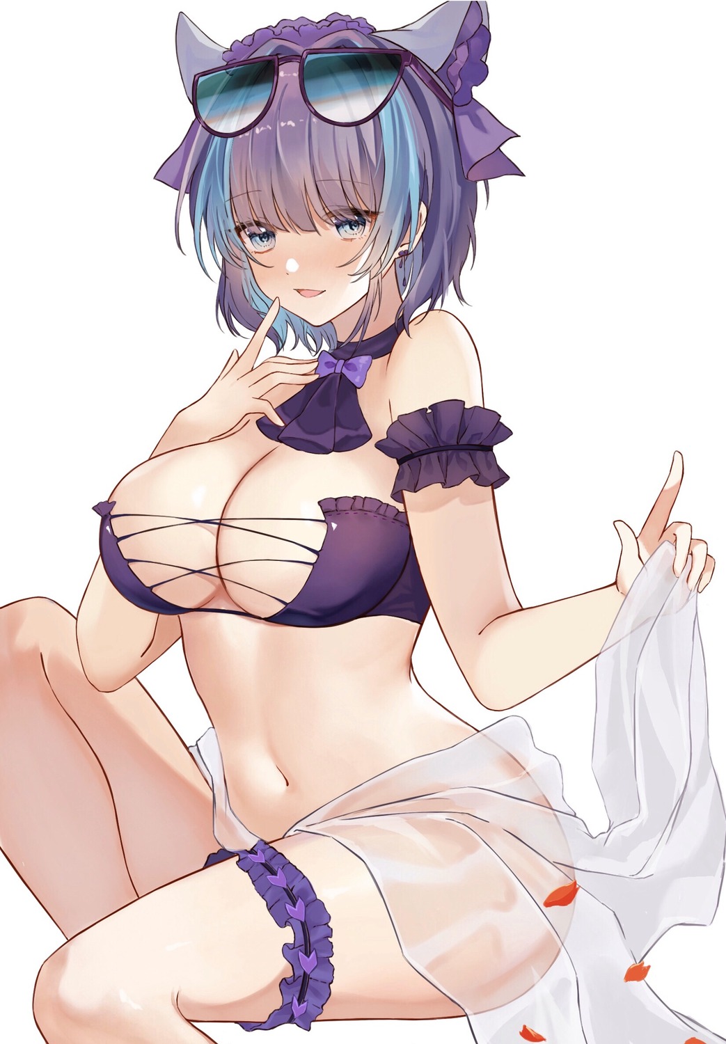 1girls azur_lane bare_shoulders big_breasts bikini blue_hair cat_ears cheshire_(azur_lane) cheshire_(summery_date!)_(azur_lane) female female_only ki-san_(konoha) light-skinned_female light_skin purple_bikini purple_hair royal_navy_(azur_lane) solo sunglasses_on_head two_tone_hair