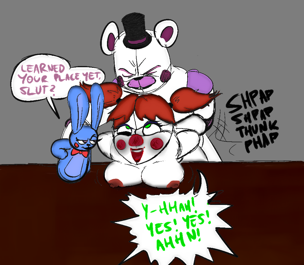 1boy, 1girls, ahe gao, ambiguous gender, animatronic, baby (fnafsl), bear, bent over, bent over table, big breasts, blue body, bowtie, breasts, bunny, circus baby, circus baby (fnaf), closed eyes, clown, clown girl, colored, edit, female, female/male, five nights at freddy's, five nights at freddy's: sister location, funtime freddy (fnafsl), green eyes, j (artist), male, male domination, nude, nude female, nude male, penetration, pink eyes, puppet bonnie (fnafsl), rabbit, red bowtie, red cheeks, red hair, robot, sex, sister location, smug, smug face, straight, submissive female, text, white body