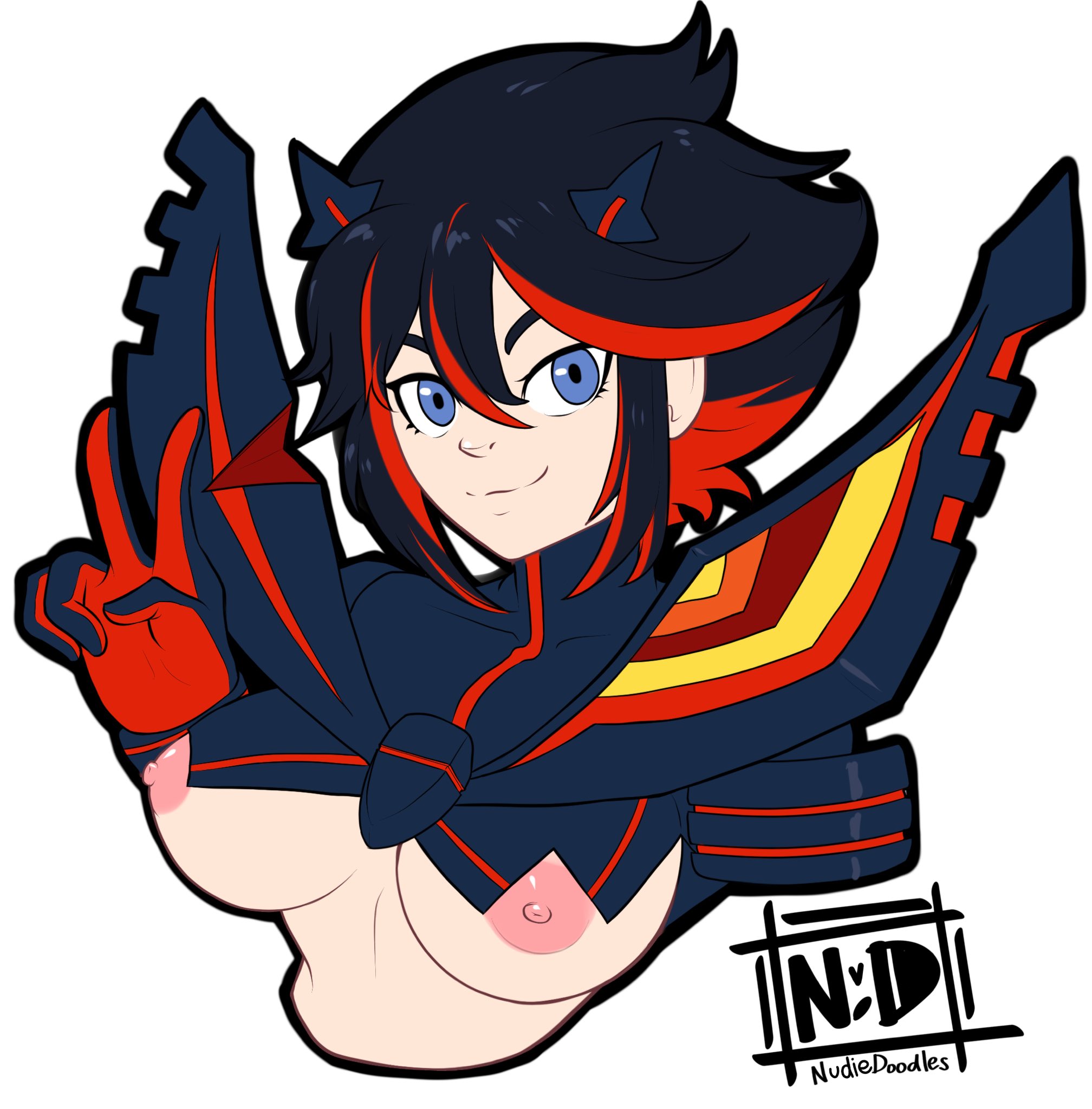 areolae, big breasts, black hair, blue eyes, breasts, busty, crop top, erect nipples, female, female focus, female only, hourglass figure, kill la kill, matoi ryuuko, nipples, nudiedoodles, pinup, pinup pose, pose, posing, senketsu, short hair, skimpy, skimpy clothes, solo, standing, studio trigger, tagme, underboob, white background