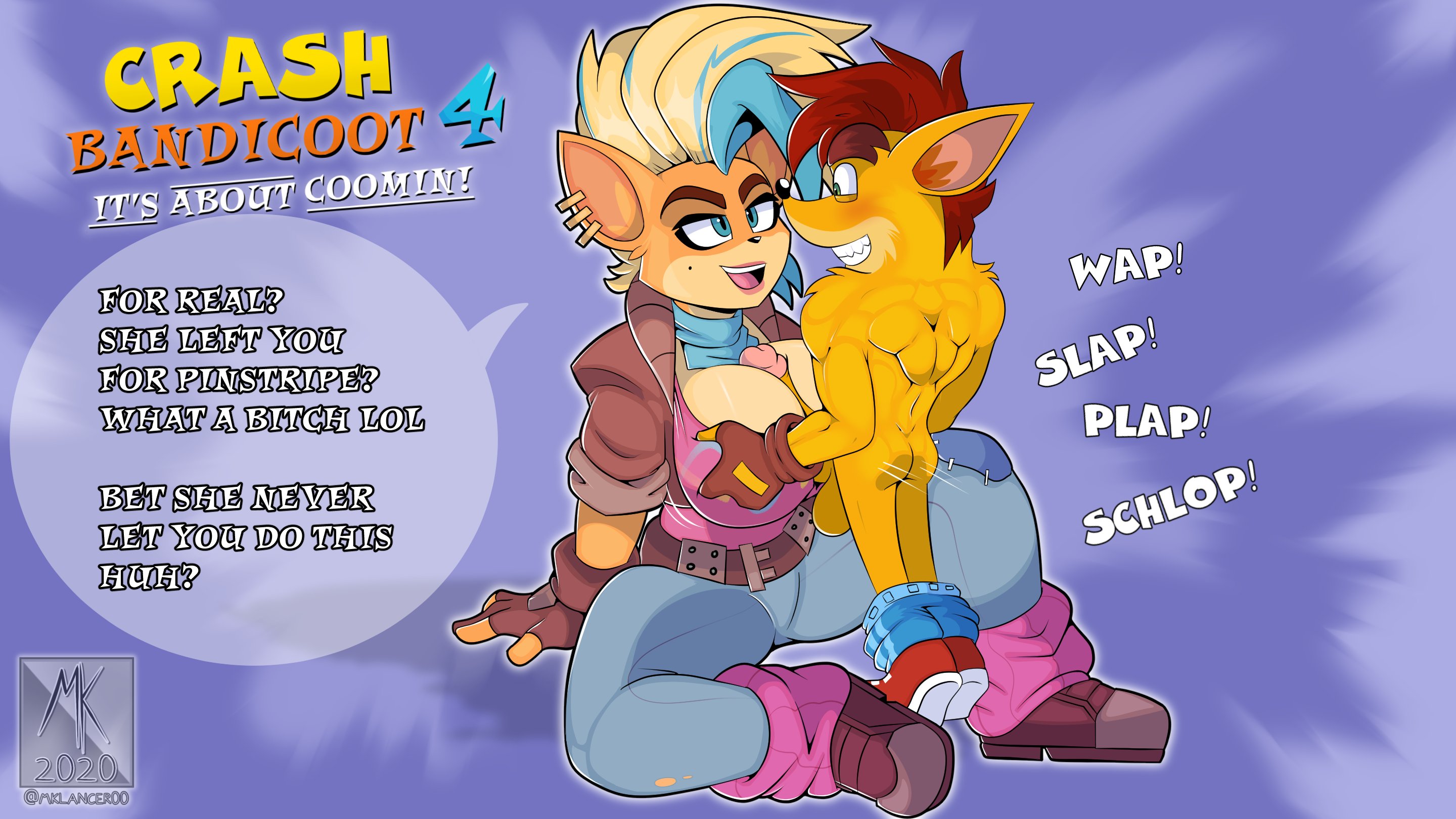 1boy, 1girls, 2020, absurd res, activision, anthro, artist logo, artist name, ass, balls, bandicoot, between breasts, big breasts, black nose, blonde hair, blue background, blue eyes, blue hair, blue pants, breasts, brown jacket, bursting breasts, cleavage, cleavage overflow, clothed, clothed female, clothes, clothing, crash (series), crash bandicoot, crash bandicoot 4: it's about time, curvy, curvy body, curvy female, curvy figure, dialogue, ear piercing, earrings, english text, eyebrows, female, fingerless gloves, fur, furry, furry only, gloves, green eyes, hands on breasts, height difference, hi res, inviting to sex, jacket, looking at each other, looking at partner, male, male/female, marsupial, mklancer00, mole, mole under eye, muscular, muscular male, nude, nude male, open mouth, orange balls, orange fur, orange penis, paizuri, pants, pants down, penis, penis between breasts, penis out, pierced ear, pink shirt, pirate tawna, red hair, red shoes, sex, shirt, shoes, simple background, sitting, straight, talking to another, tawna bandicoot, tawna bandicoot (crash 4), testicles, text, thick thighs, thighs, thrusting, twitter username, two-tone fur, yellow fur