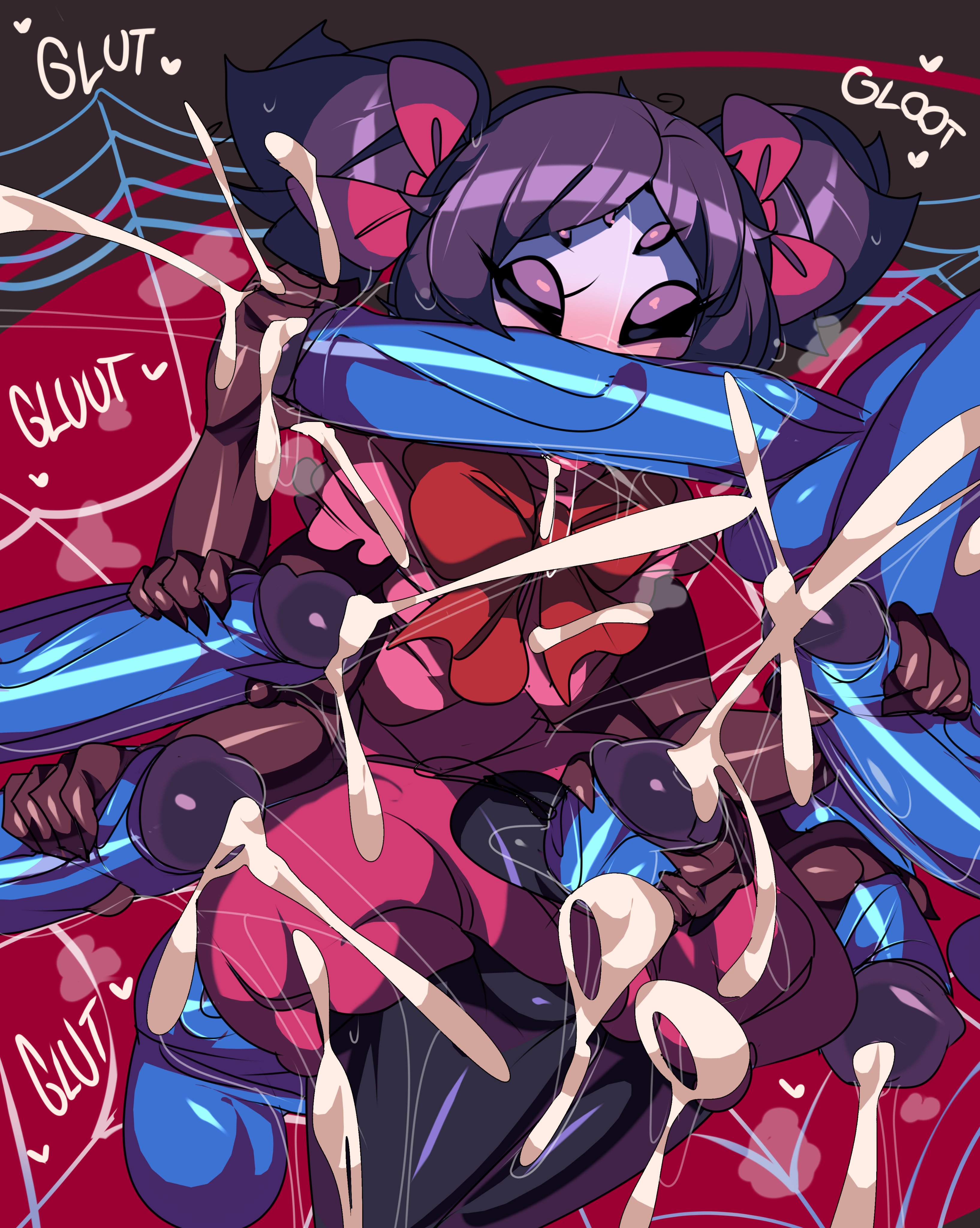1girls, 7boys, blowbang, blue skin, captain kirb, captain kirb undertale (style), clothed female nude male, cum, cumshot, double handjob, female, gangbang, handjob, male, muffet, multiple boys, multiple males, spider girl, straight, sweat, thigh sex, undertale, undertale captain kirb (style)