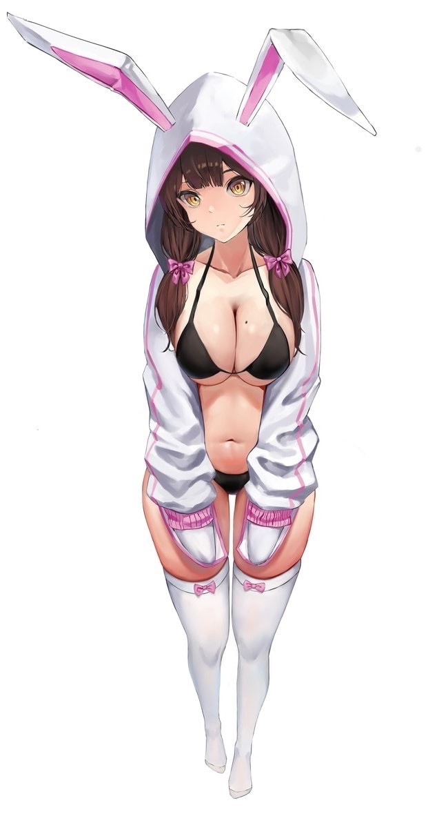 ass, big ass, big breasts, big butt, bikini, breasts, brown hair, bunny ears, bunny girl, chubby, female, hoodie, large ass, large breasts, looking at viewer, nonekong, ribbons, stockings, thick thighs, thighhighs, tight clothing, tummy