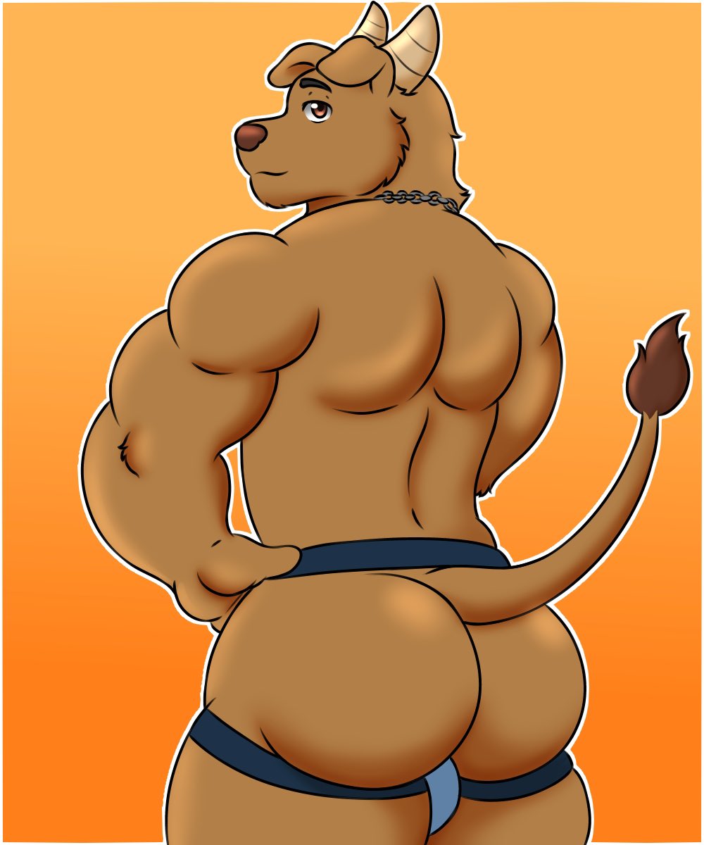 2020 anthro ass bovid bovine brown_body brown_fur bulge butt_focus canid canine canis cattle chain_necklace clothing dat_ass domestic_dog fur hi_res horn hybrid indigo_the_bullpup jockstrap kai_lionbear_(artist) looking_at_viewer looking_back male male_only mammal muscular muscular_anthro muscular_male orange_background round_ass round_butt simple_background solo standing underwear