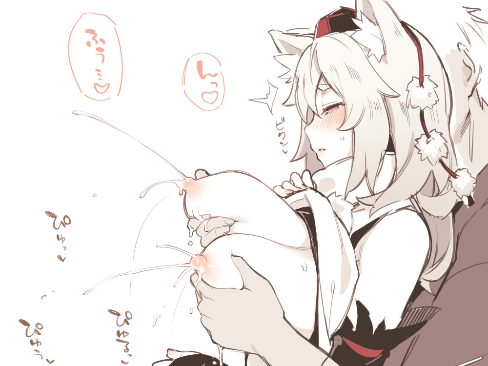 1boy animal_ear_fluff animal_ears asutora blush breast_grab breasts female grabbing grabbing_from_behind hat lactation large_breasts momiji_inubashiri red_eyes red_headwear short_hair simple_background solo_focus straight tokin_hat touhou white_background white_hair wolf_ears