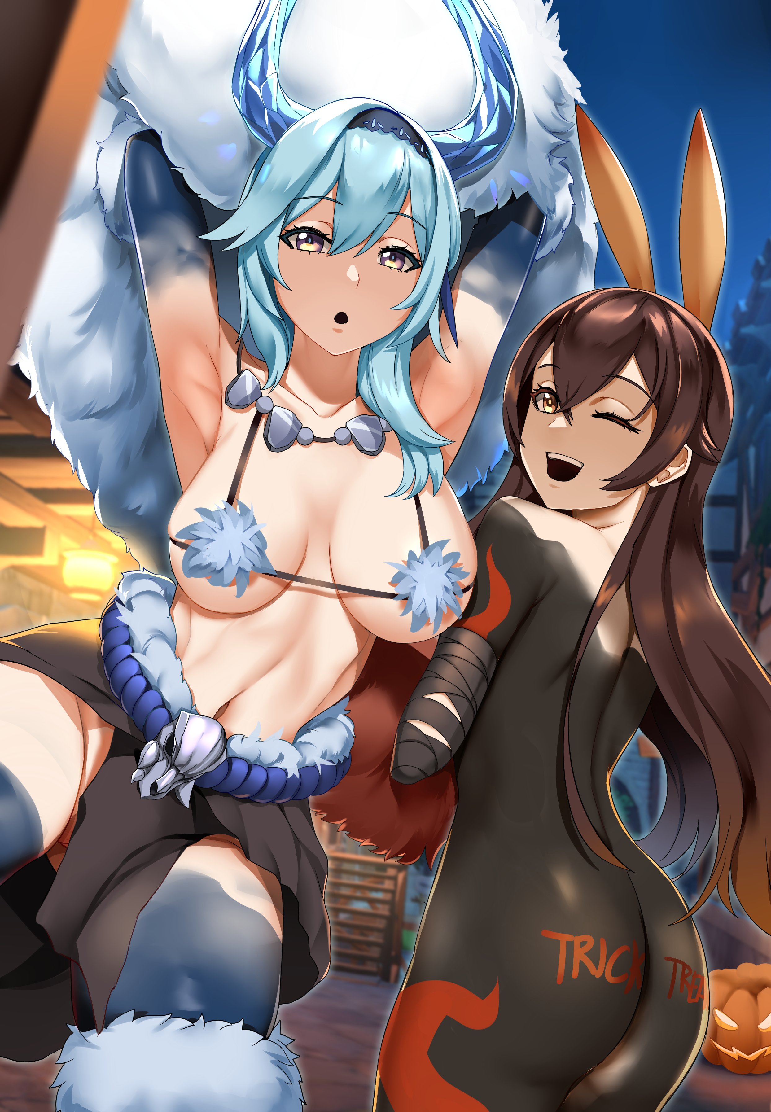 2girls, amber (genshin impact), amputee, ass, big breasts, blue hair, body writing, bodypaint, breasts, brown hair, bunny ears, costume, eula (genshin impact), eye contact, female, female only, genshin impact, halloween, horns, long hair, looking at viewer, one eye closed, painted clothes, short hair, thick thighs, thighs, xkit69