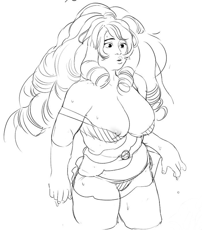 1girls bbw big_hair black_and_white breasts cleavage large_breasts line_art lingerie nipple_slip redchamberdream rose_quartz_(steven_universe) steven_universe sweat