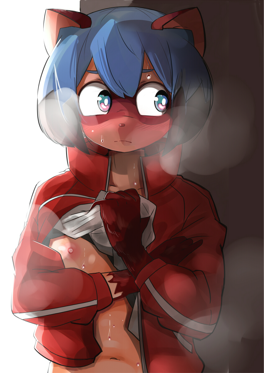 2020, anthro, blue eyes, blue hair, blush, bodily fluids, brand new animal, breasts, brown body, brown fur, canid, canine, clothed, clothing, facial markings, female, female protagonist, fur, gloves (marking), hair, head markings, heppushu, jacket, mammal, markings, mask (marking), michiru kagemori, multicolored hair, nipples, one breast out, raccoon dog, solo, steam, studio trigger, sweat, tanuki, topwear