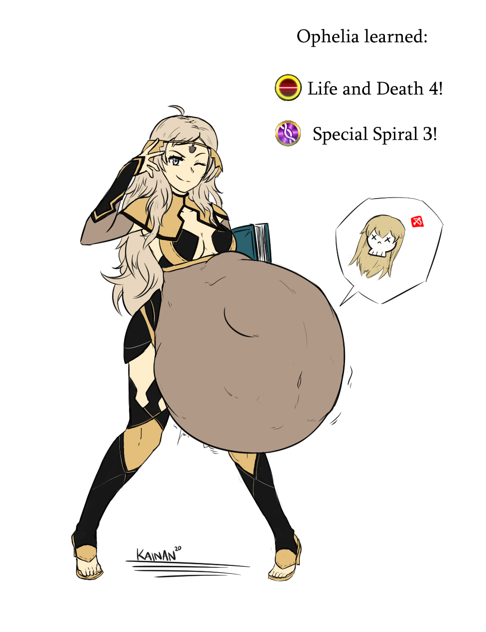 2girls blonde_hair book breasts cleavage clothing colored digestion edit english_text female fire_emblem fire_emblem:_the_binding_blade fire_emblem_fates fire_emblem_heroes hand_gesture huge_belly igrene_(fire_emblem) kainan long_hair nintendo ophelia_(fire_emblem) skimpy_clothes skull smug vore white_background yellow_clothing