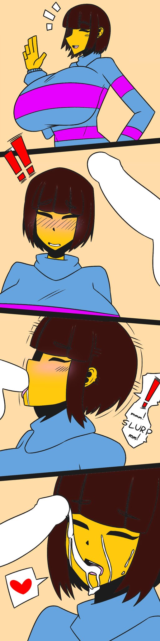 1boy, 1girls, after fellatio, asriel dreemurr, big breasts, big penis, blowjob, breasts, busty, closed eyes, clothed, comic, cum in mouth, duskyer, fellatio, female, female protagonist, frisk, huge breasts, human, imminent sex, male, penis, short hair, smile, smiling, tagme, undertale, video games