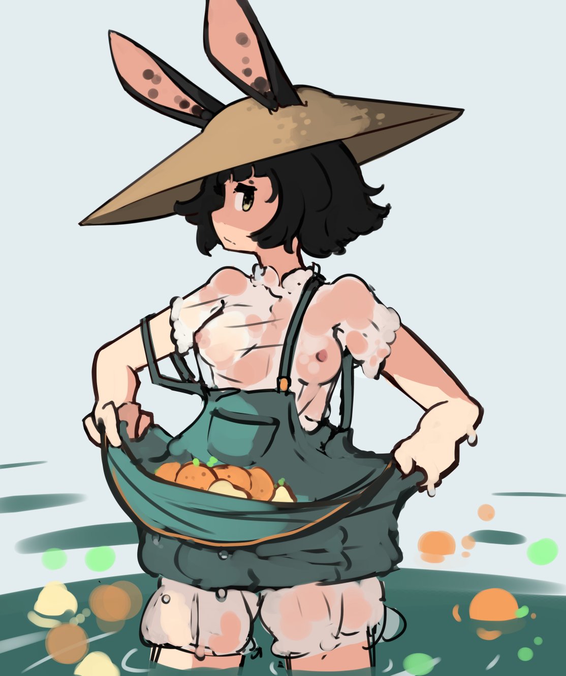 black_hair breasts clothed fruit hat rabbit_ears short_hair water wet_clothes yellow_eyes zako zako_sketch